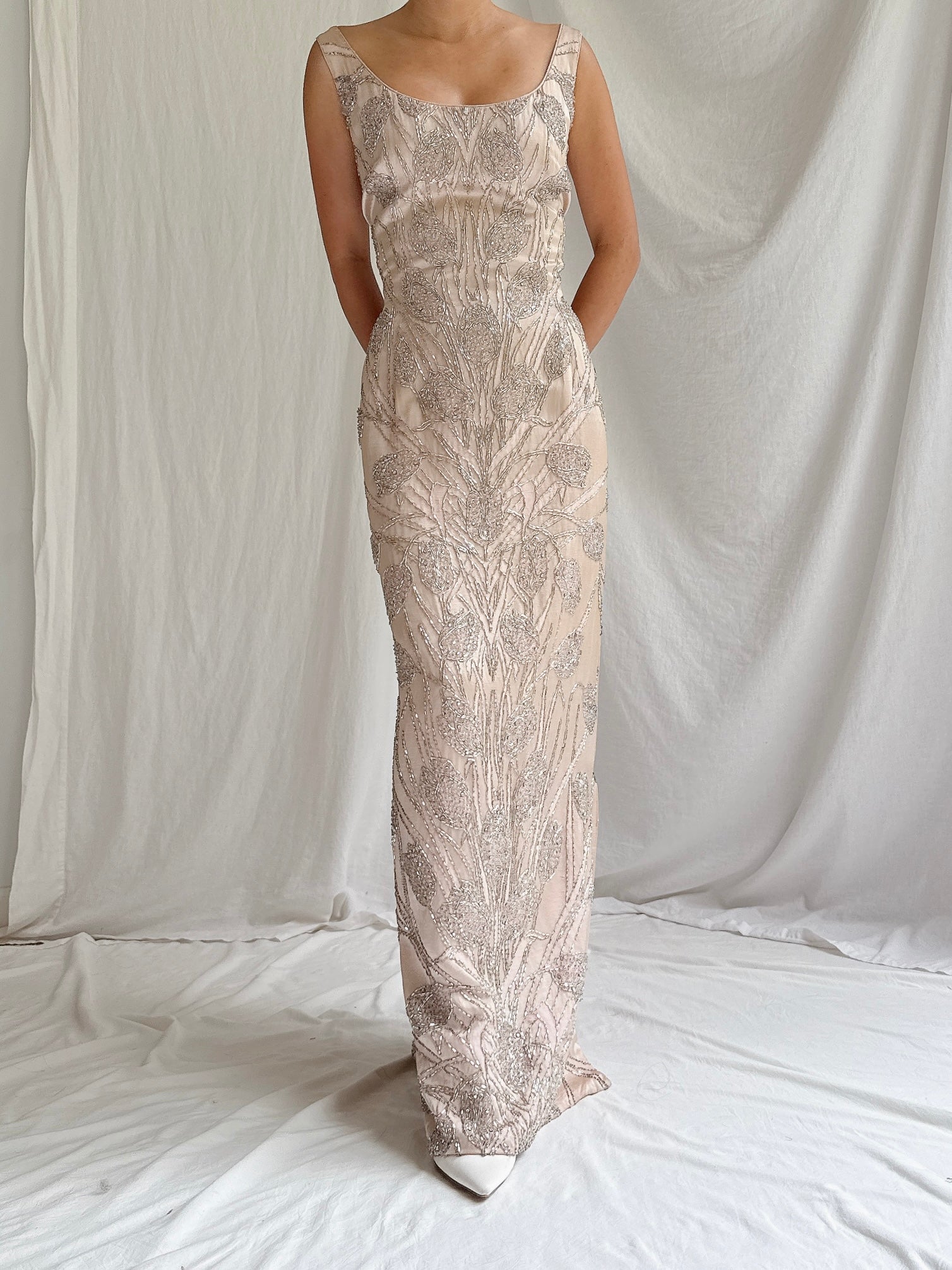 1960s Dusty Pink Silk Beaded Gown - M