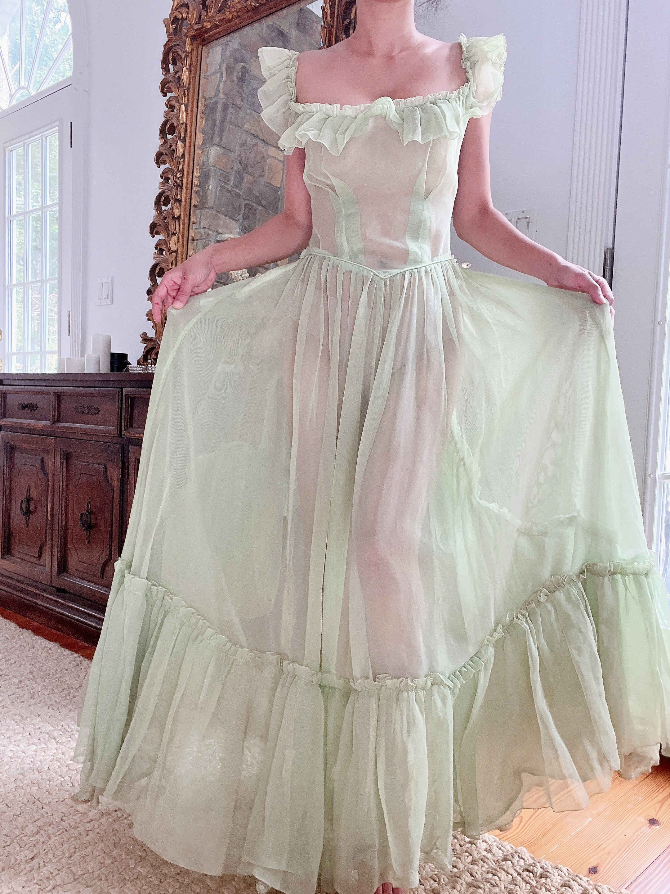 1940s Fred Perlberg Green Sheer Ruffle Dress