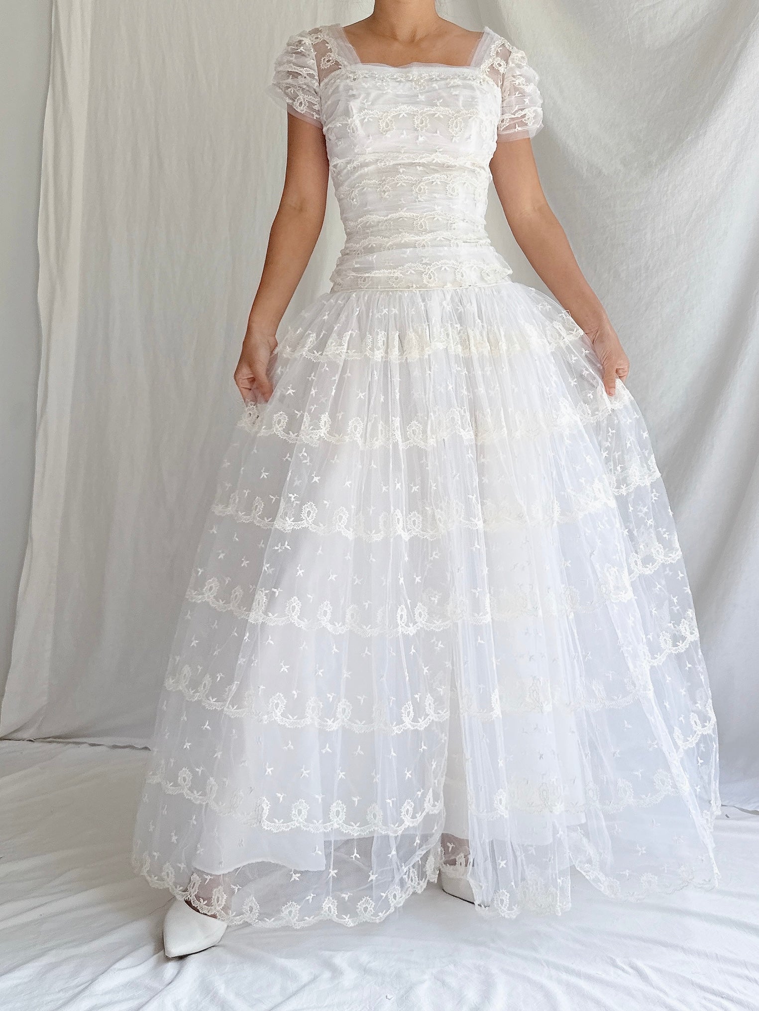 1950s Tulle Dropped Waist Embroidered Dress - S