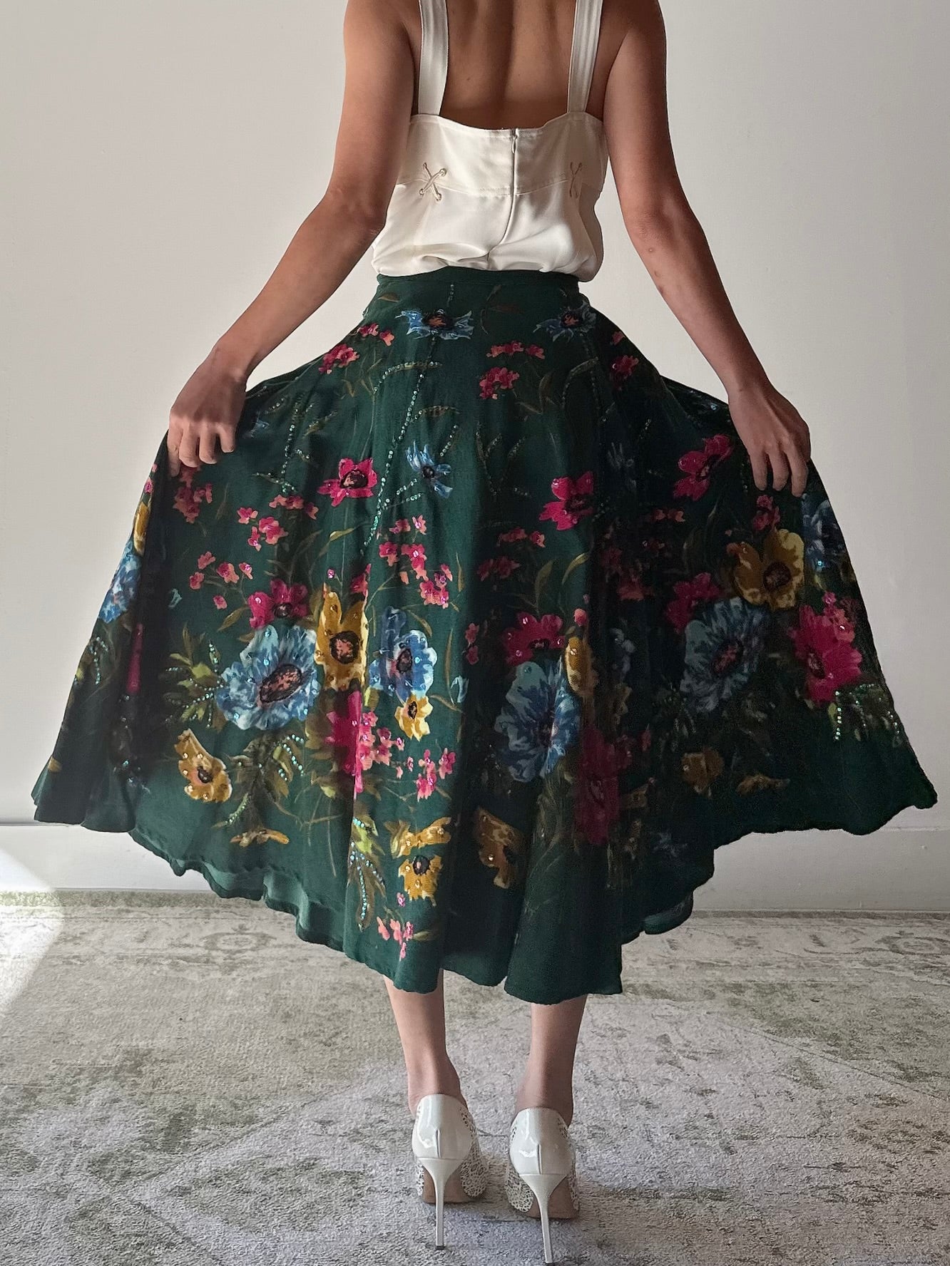 Vintage Monica Velvet Beaded Floral Skirt - M