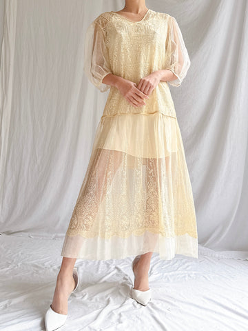 1920s Ecru Embroidered Dress - M