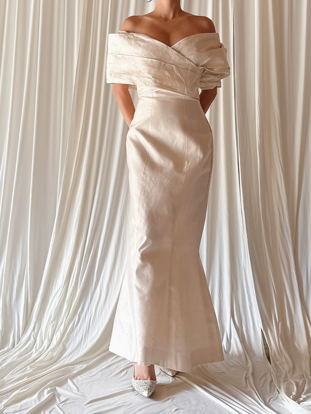 Vintage Watters Off The Shoulder Column Raw Silk - XS