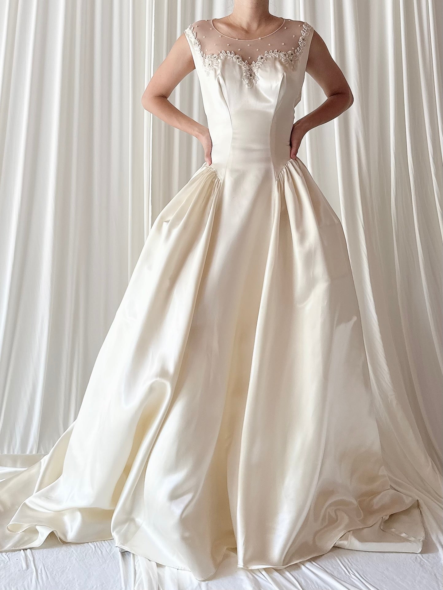 1940s Candlelight Satin Illusion Beaded Gown - S/4