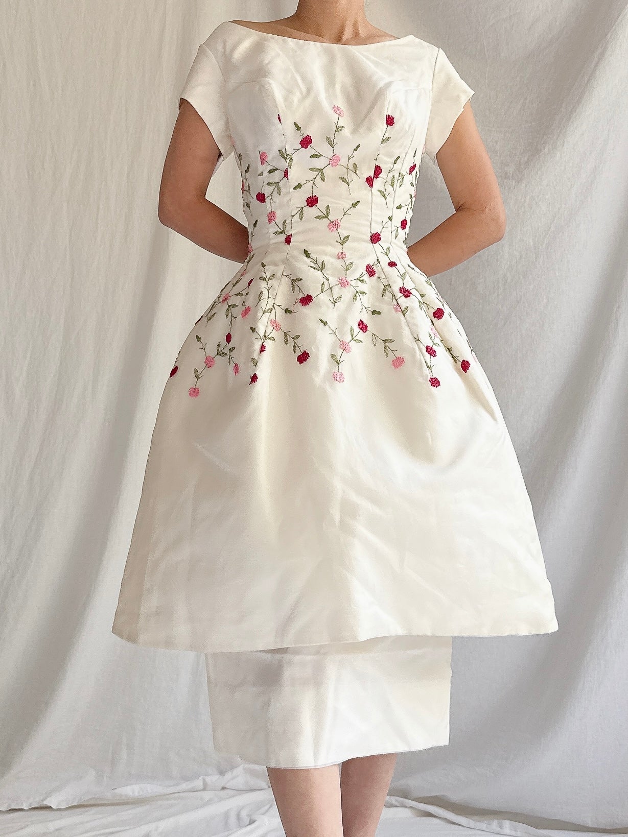 1960s Embroidered Peplum Dress - S