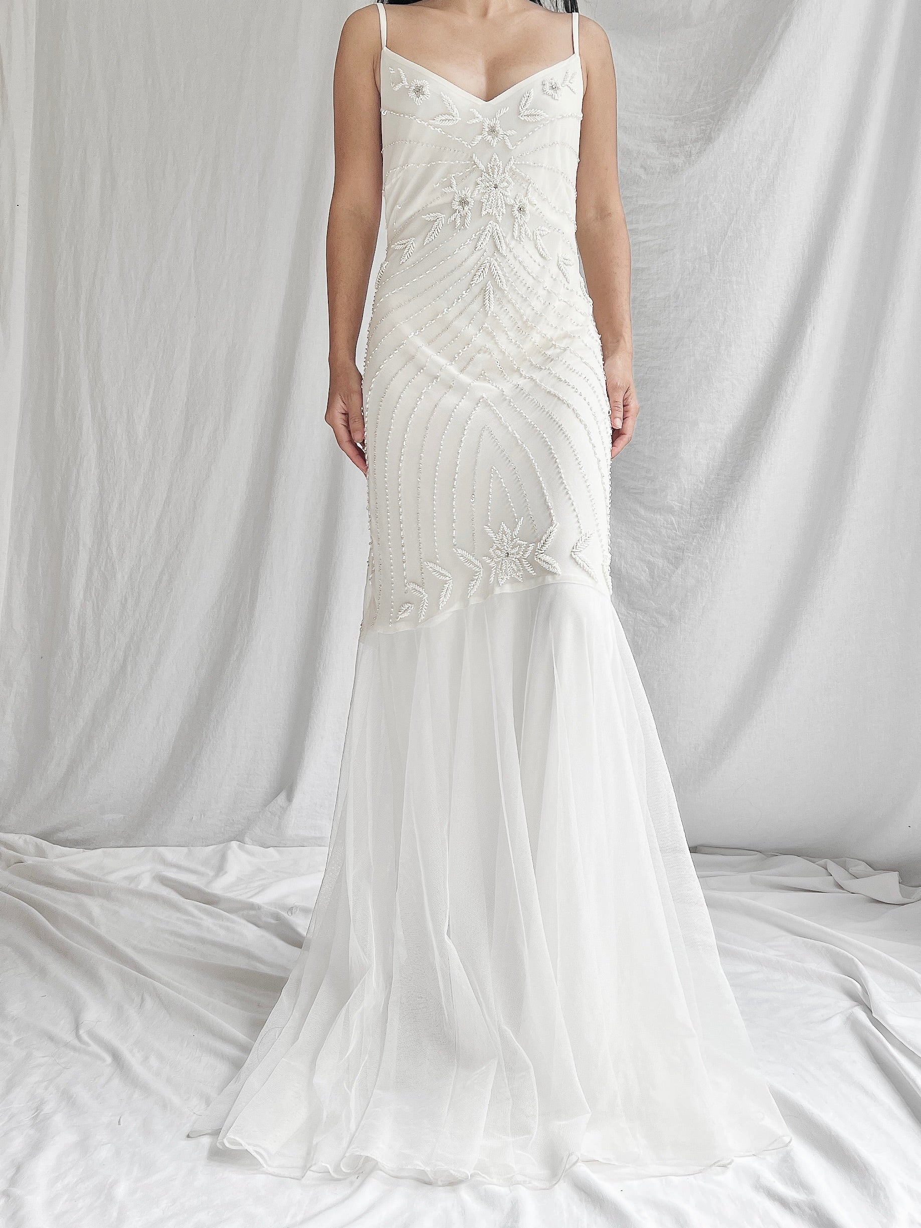 y2k wedding dress Floral Appliqu Beaded Masha&Jlynn Y2K Tulle Beaded Dress -