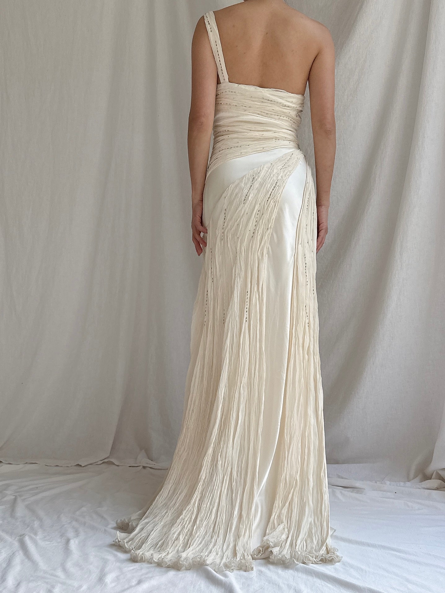 Vintage Silk Chiffon One-Shoulder Gown - M