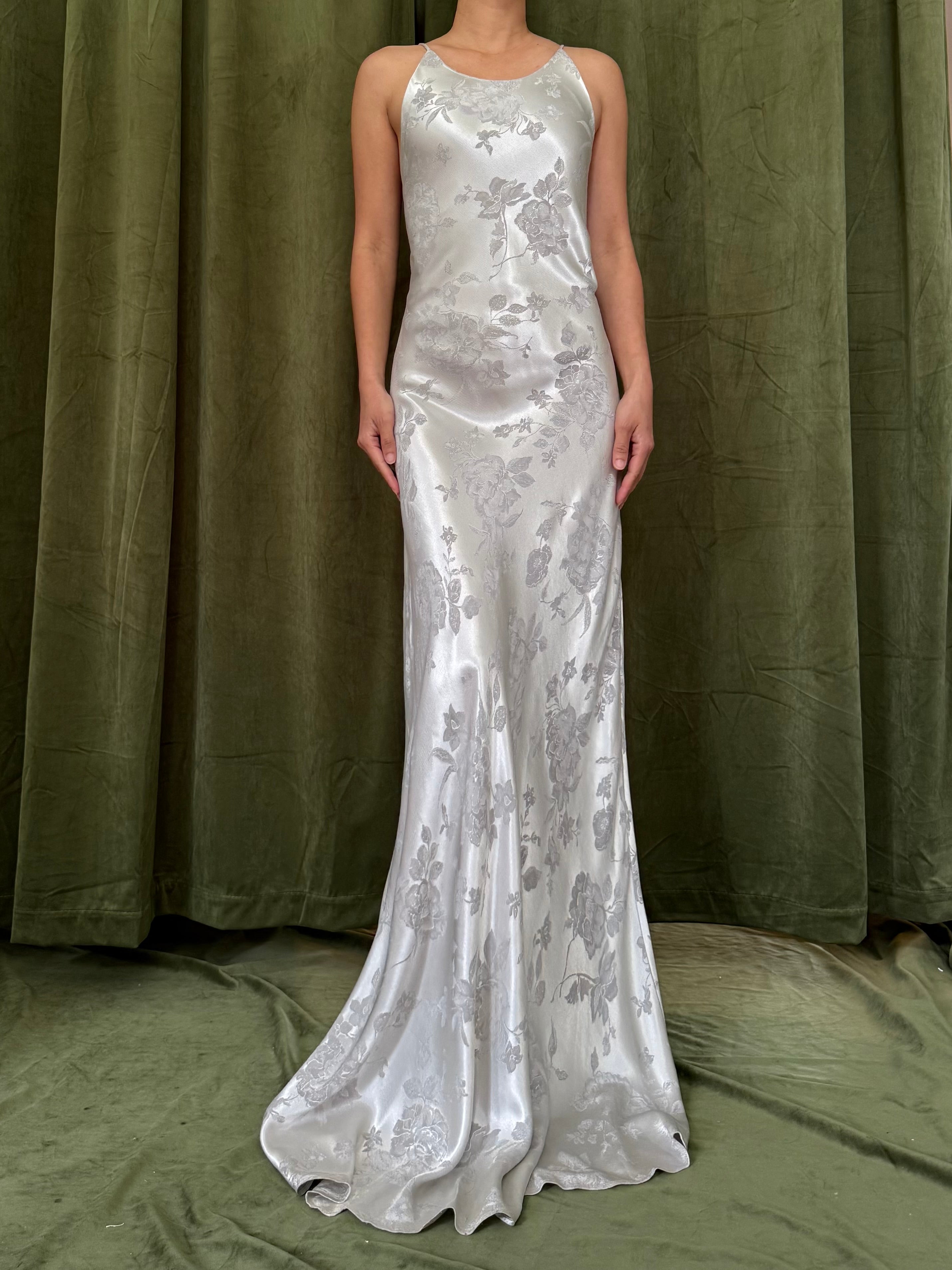 1990s Gray Satin Brocade Slip Gown - M