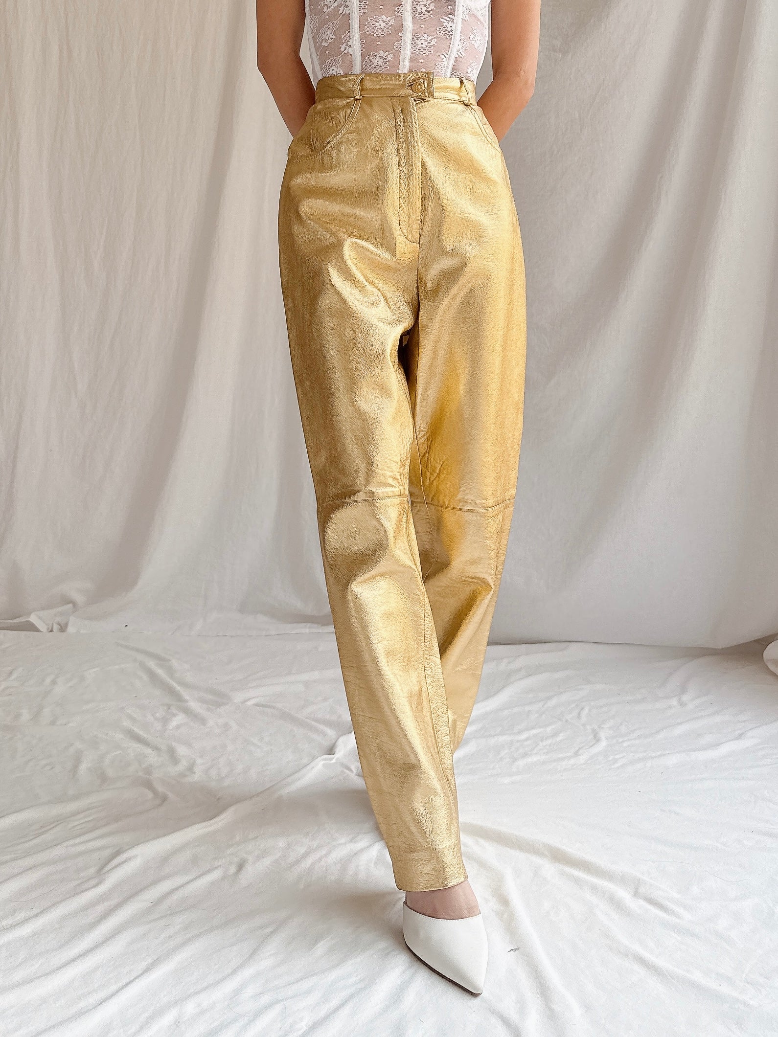 Vintage Salvatore Ferragamo Gold Leather Trousers - M