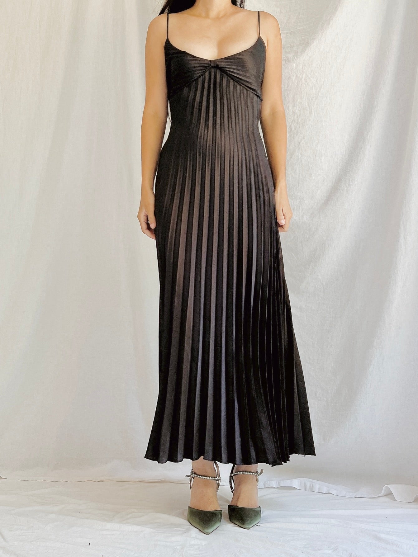 Vintage Black Pleated Slip Dress - M