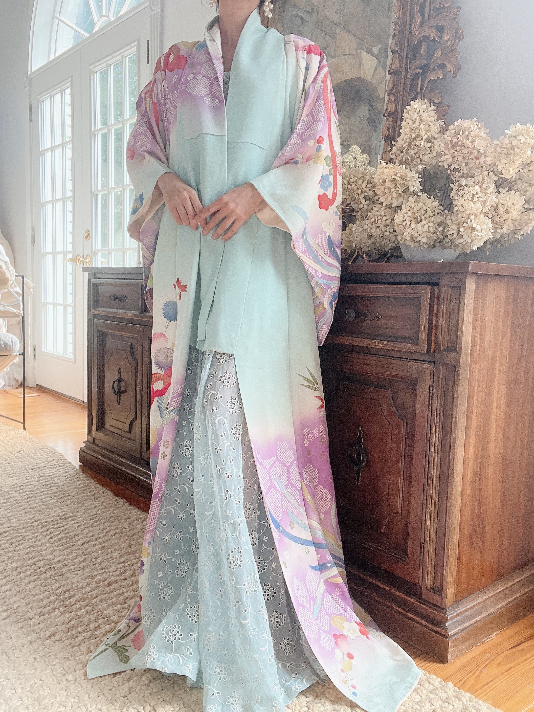 Vintage Pastel Cyan Kimono - OSFM