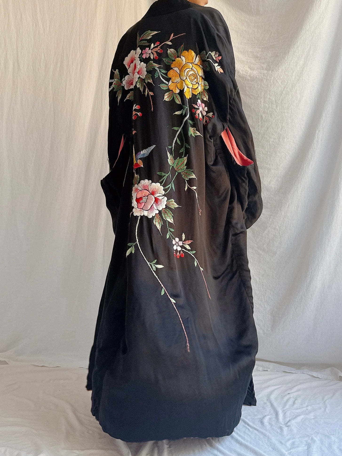 Antique Embroidered Satin Kimono - OSFM