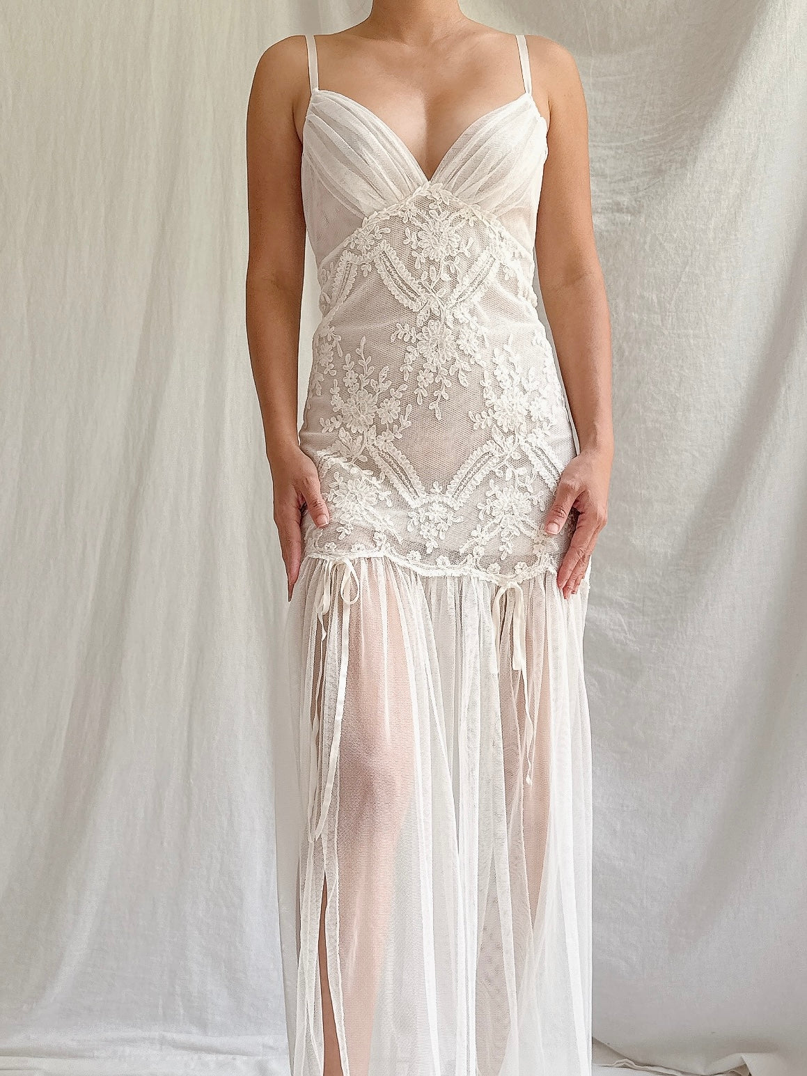 Vintage Tulle Embroidered Lace Slip Dress - S-M