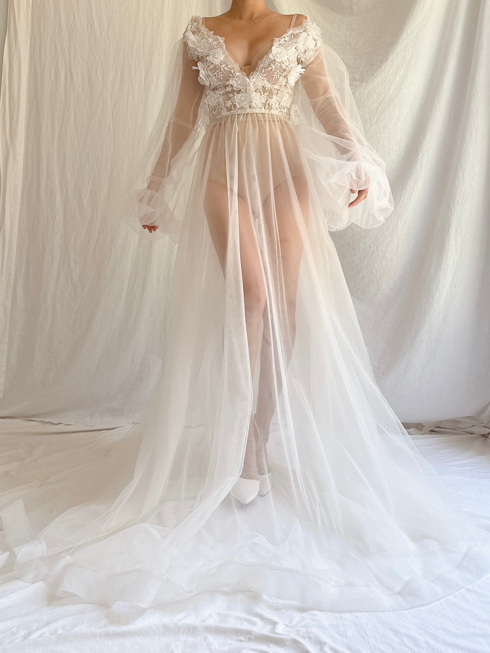 GOSSAMER Sheer Puff Sleeves Gown - S