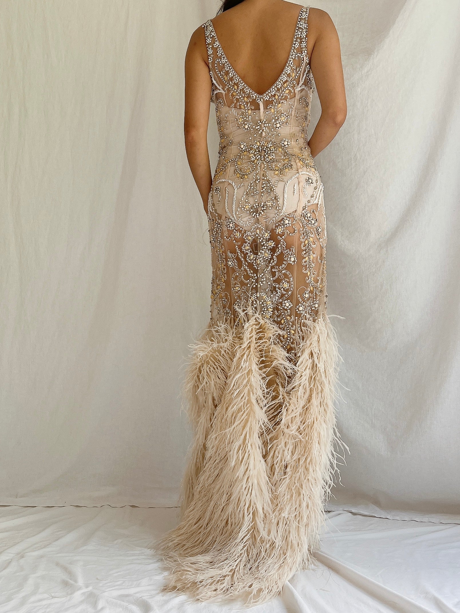 Y2K Nude Sheer Ostrich Feather Dress - S