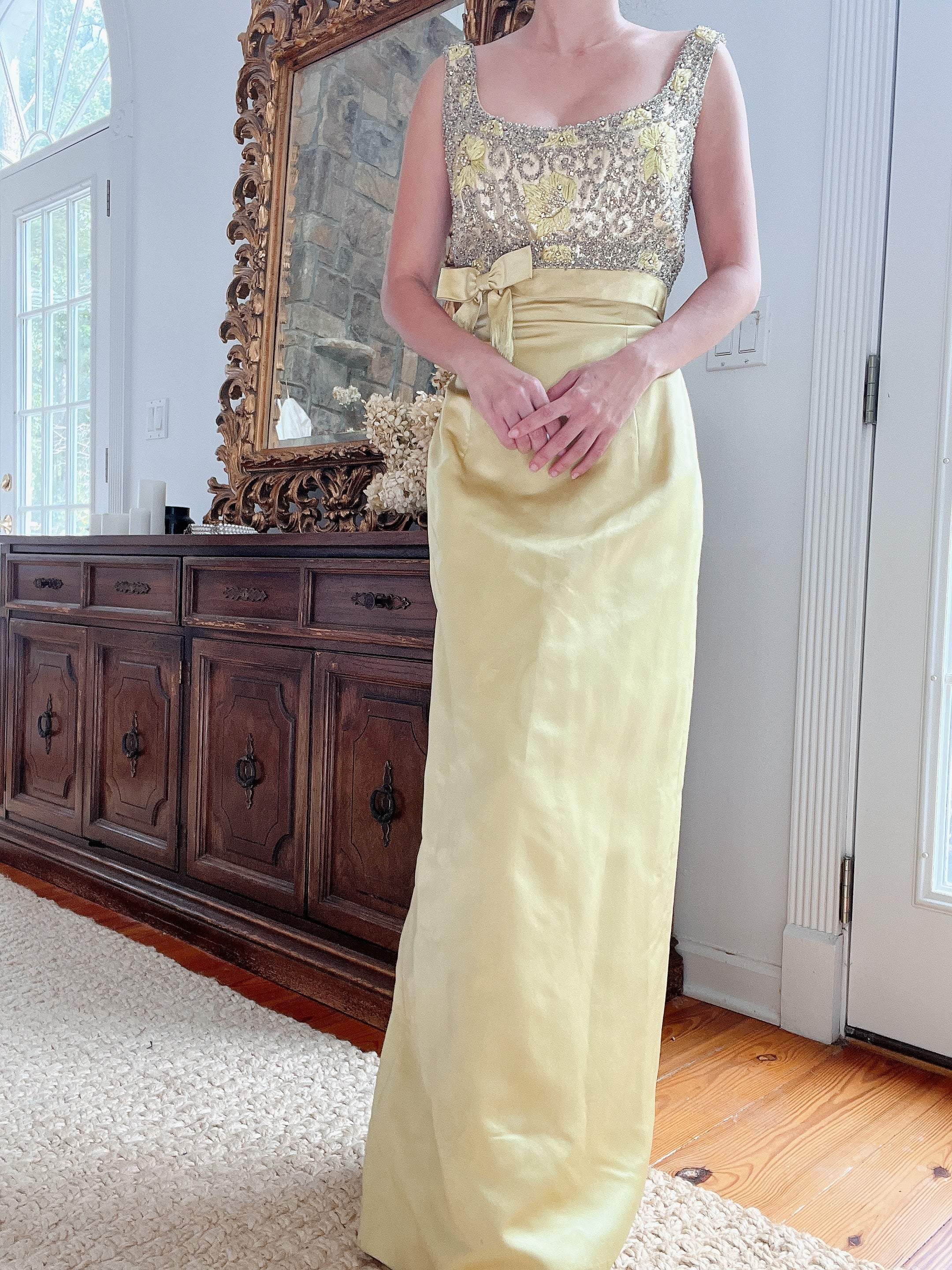 1960s Chartreuse Silk Beaded Gown - S