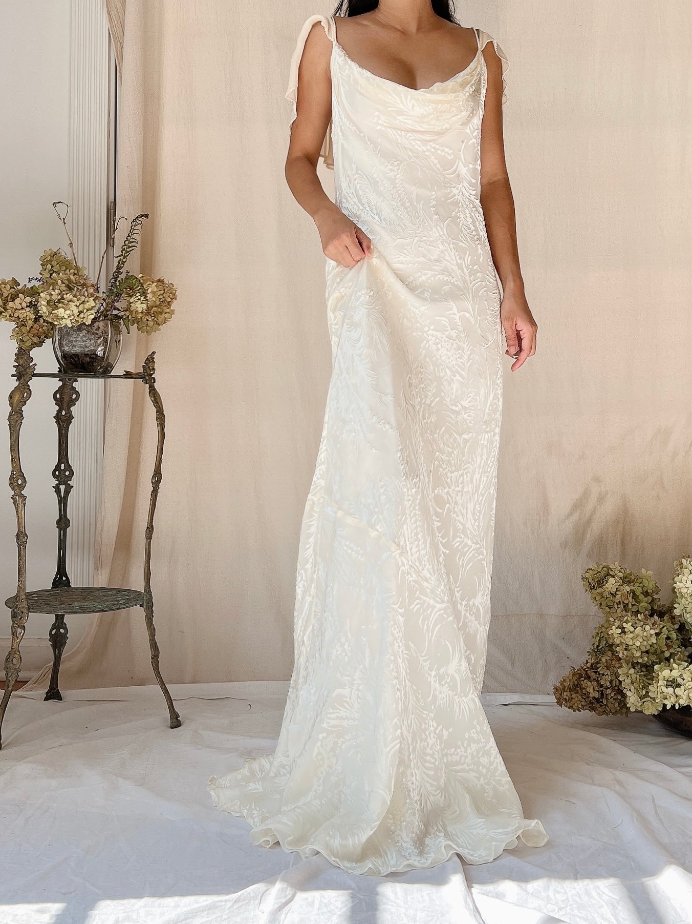 silk devore dress Vintage Silk Halter Velvet Devore Gown