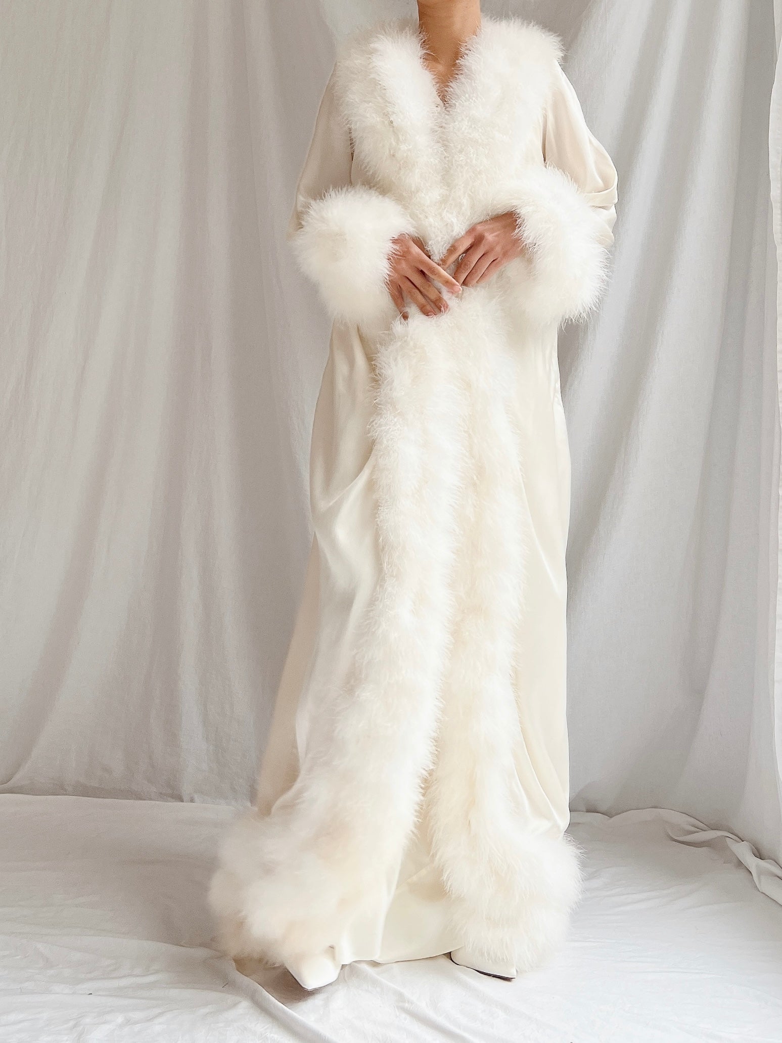 Vintage Claire Sandra Satin Marabou Dressing Gown - OSFM