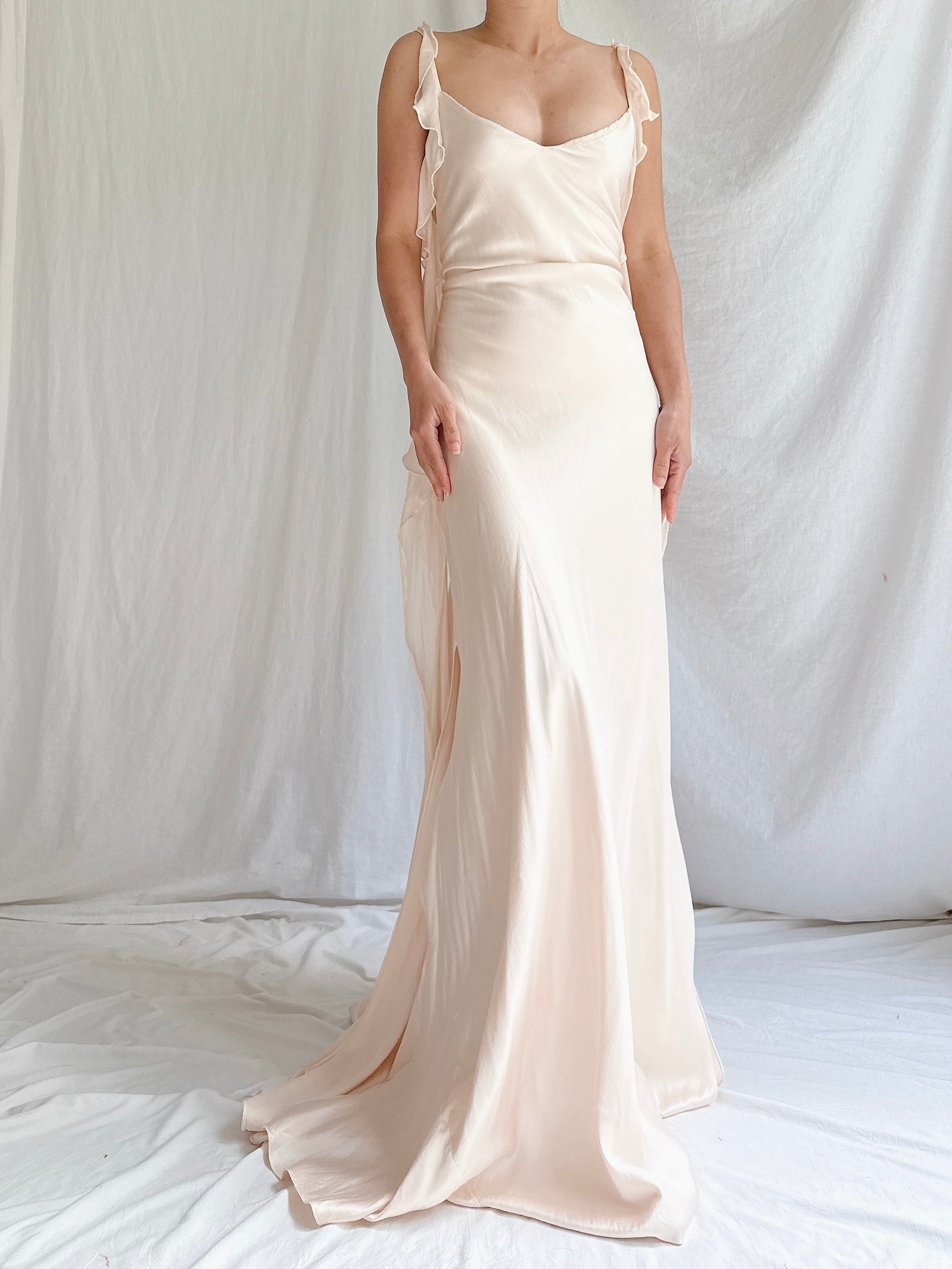 pink silk dress vintage Vintage Shell Pink Silk Bias Slip Gown - M