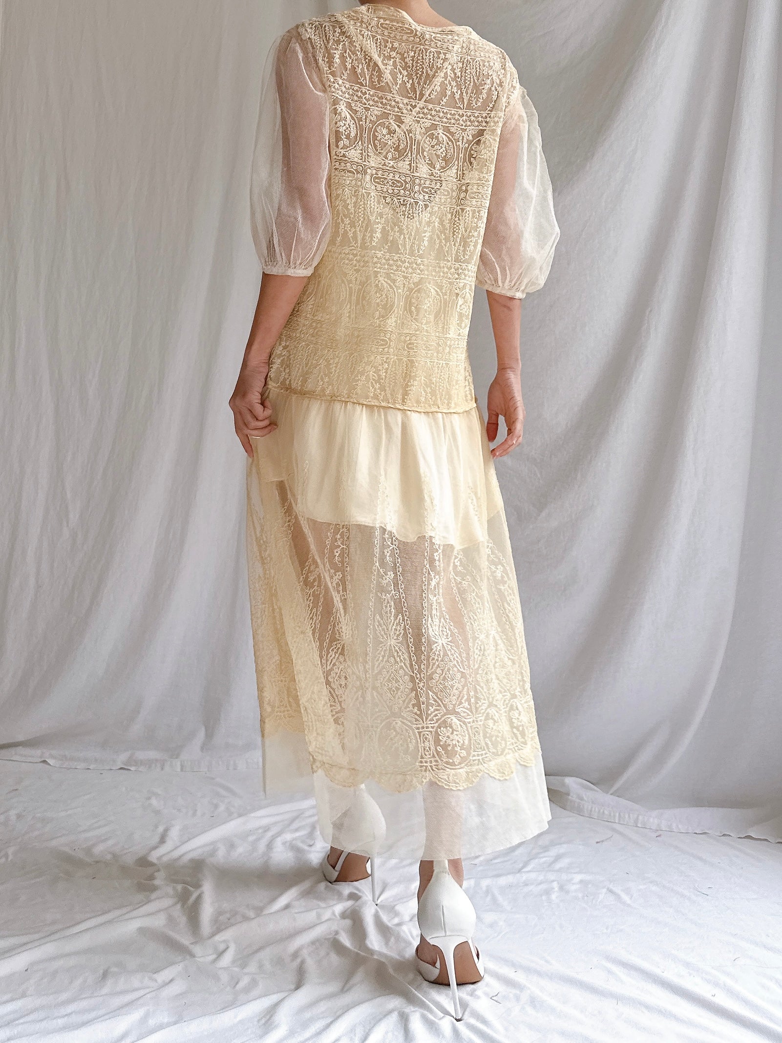 1920s Ecru Embroidered Dress - M