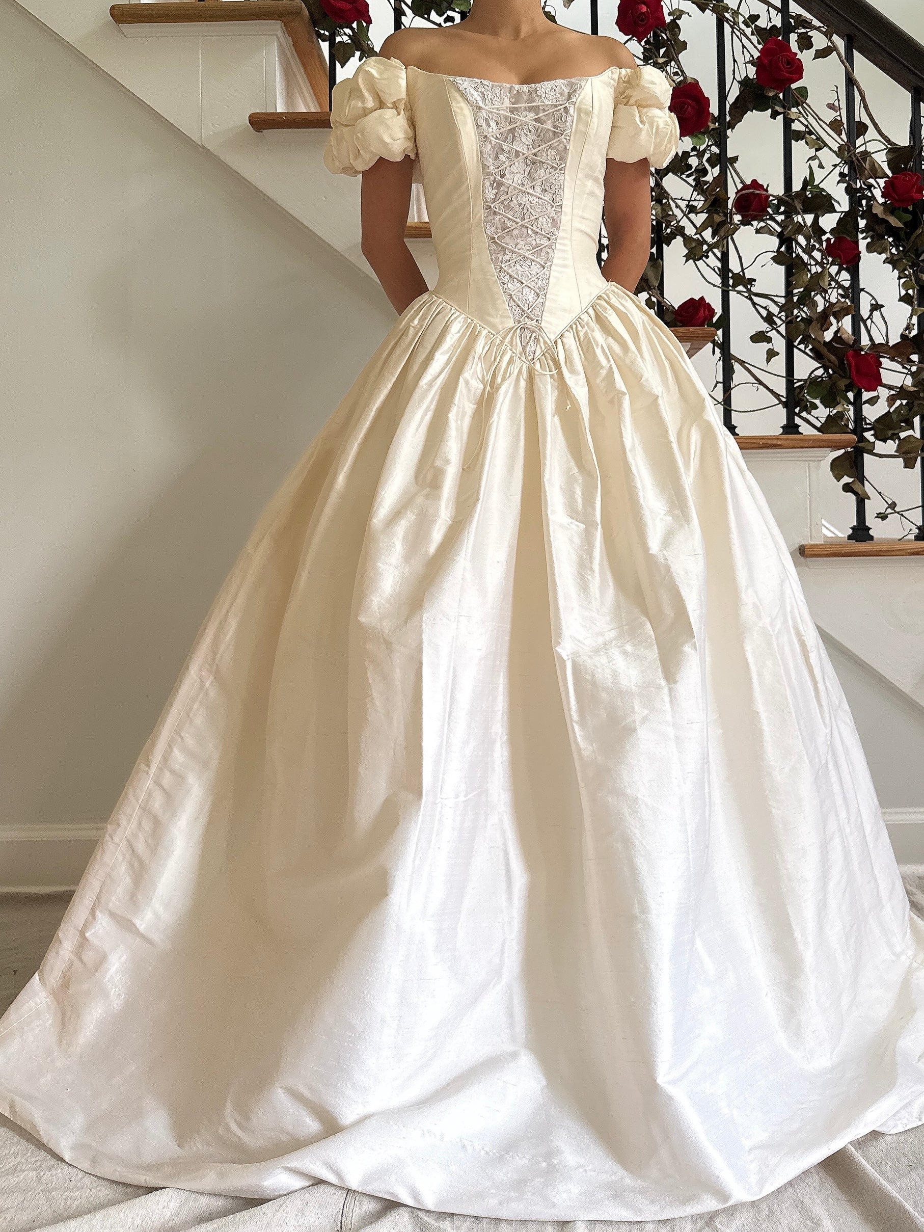 Vintage Guzzo Toronto Off-the-Shoulder Silk Dupioni Gown - S