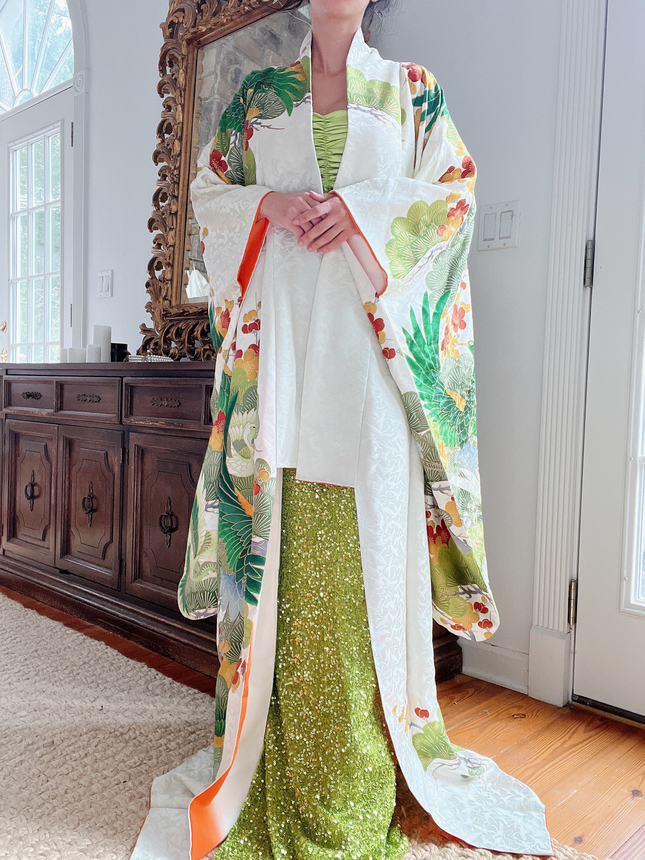 Vintage Green and Ivory Silk Kimono - OSFA