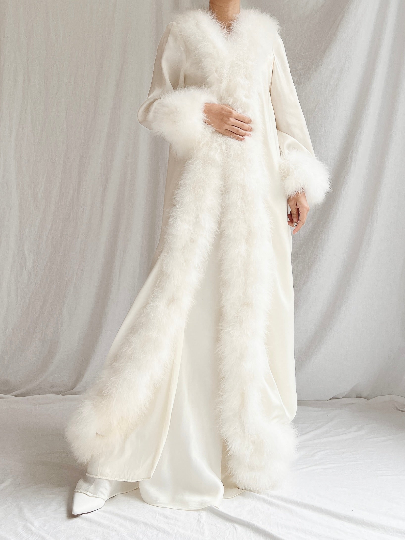 Vintage Claire Sandra Satin Marabou Dressing Gown - OSFM