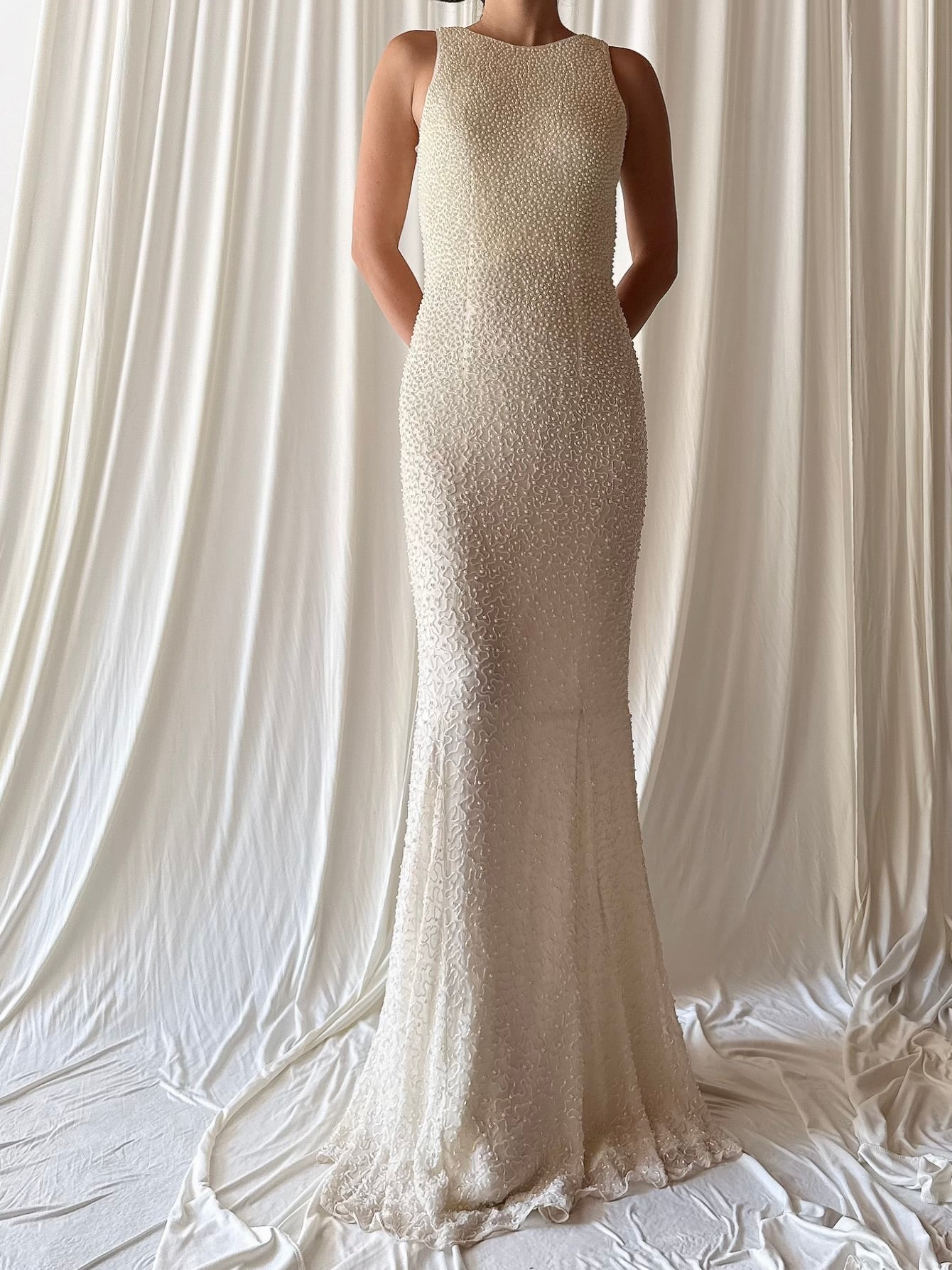 Vintage Silk Pearl Beaded Crewneck Gown - XS