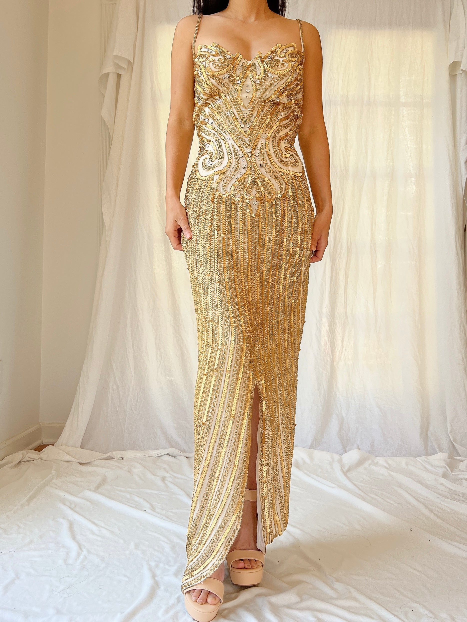 lillie rubin evening dresses 1960s Lillie Rubin Black Sequin Evening Gown with Feather Cuffs