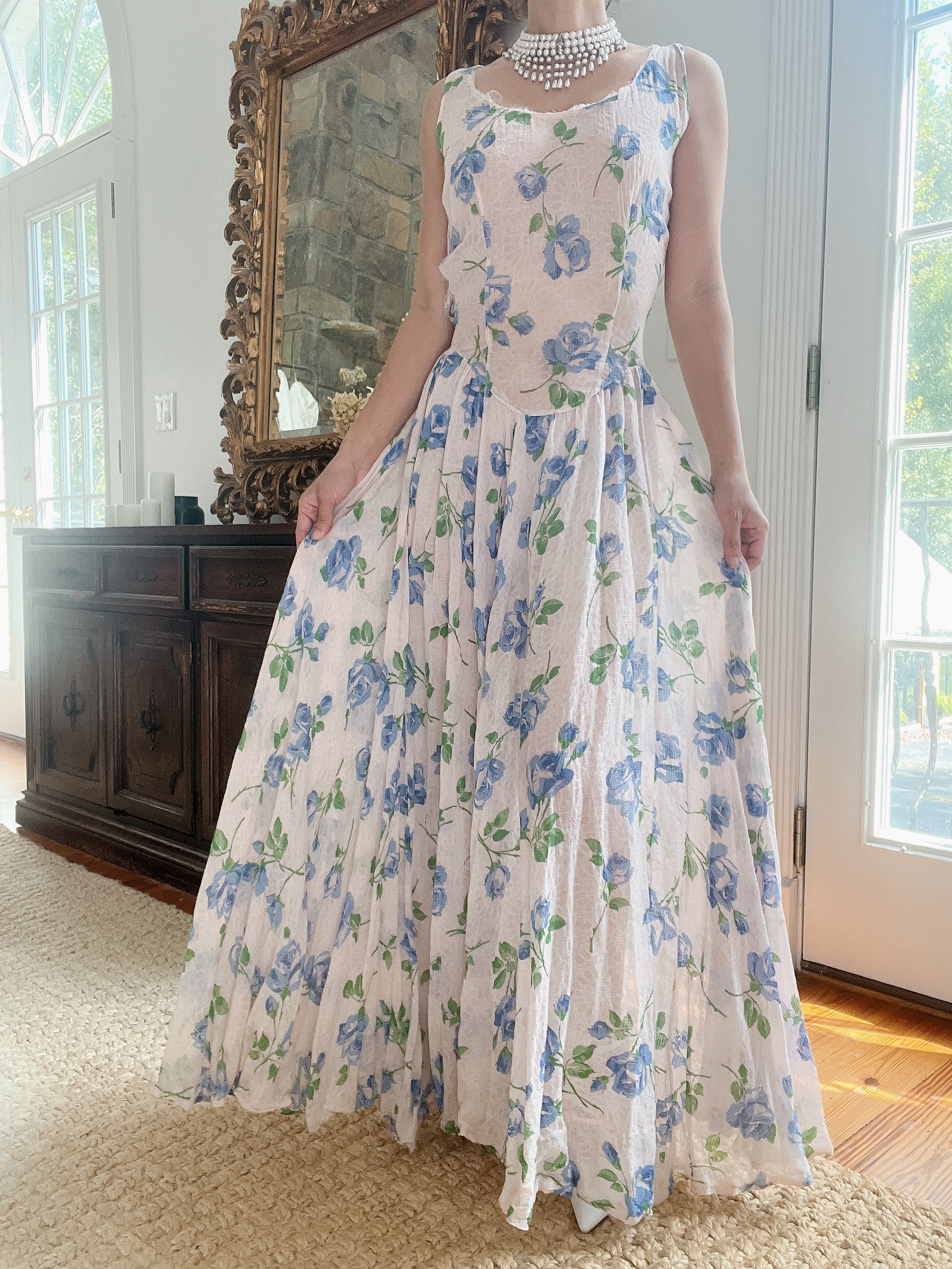 1940s Blue Floral Dress - M