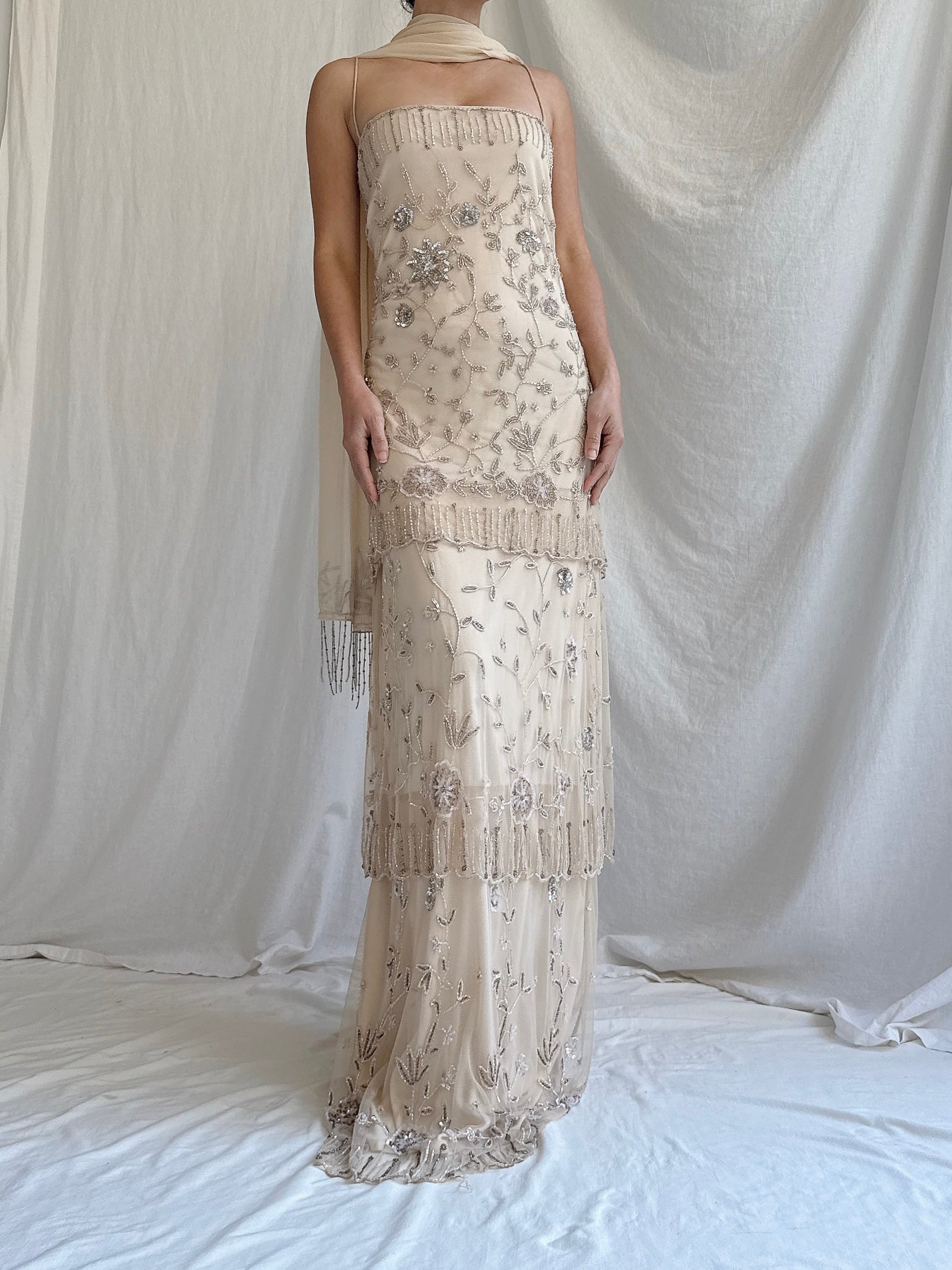 Vintage Ecru Tulle Beaded Tiered Column Gown with Silk Scarf - L