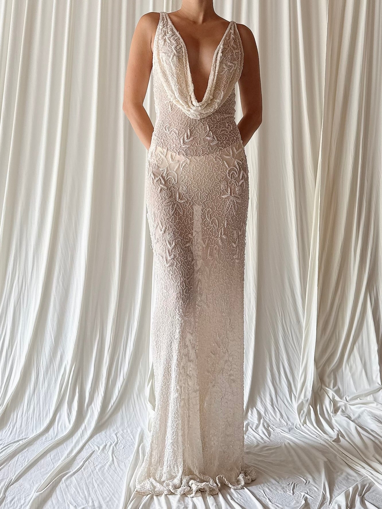 Vintage Ivory Silk beaded Reversible Gown - S-M