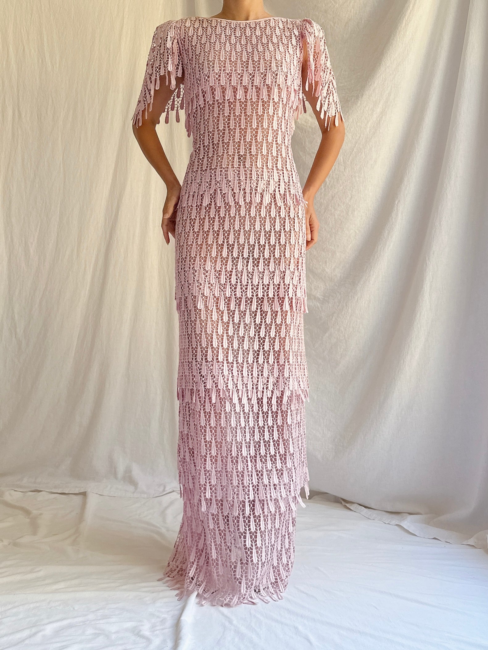 Vintage Sheer Pink Embroidered Lace Dress - S/M