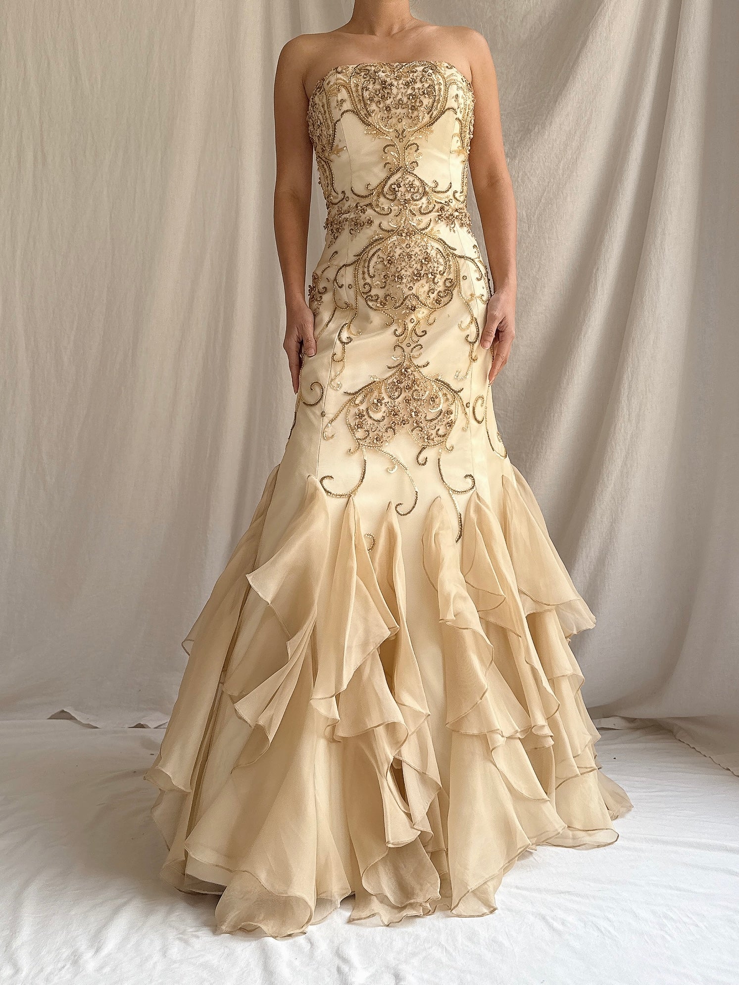 Vintage Silk Organza Beaded Dress - L