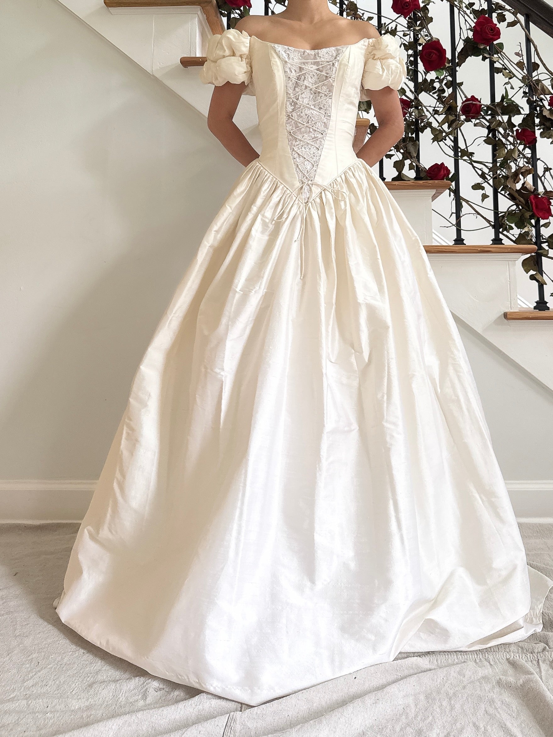 Vintage Guzzo Toronto Off-the-Shoulder Silk Dupioni Gown - S