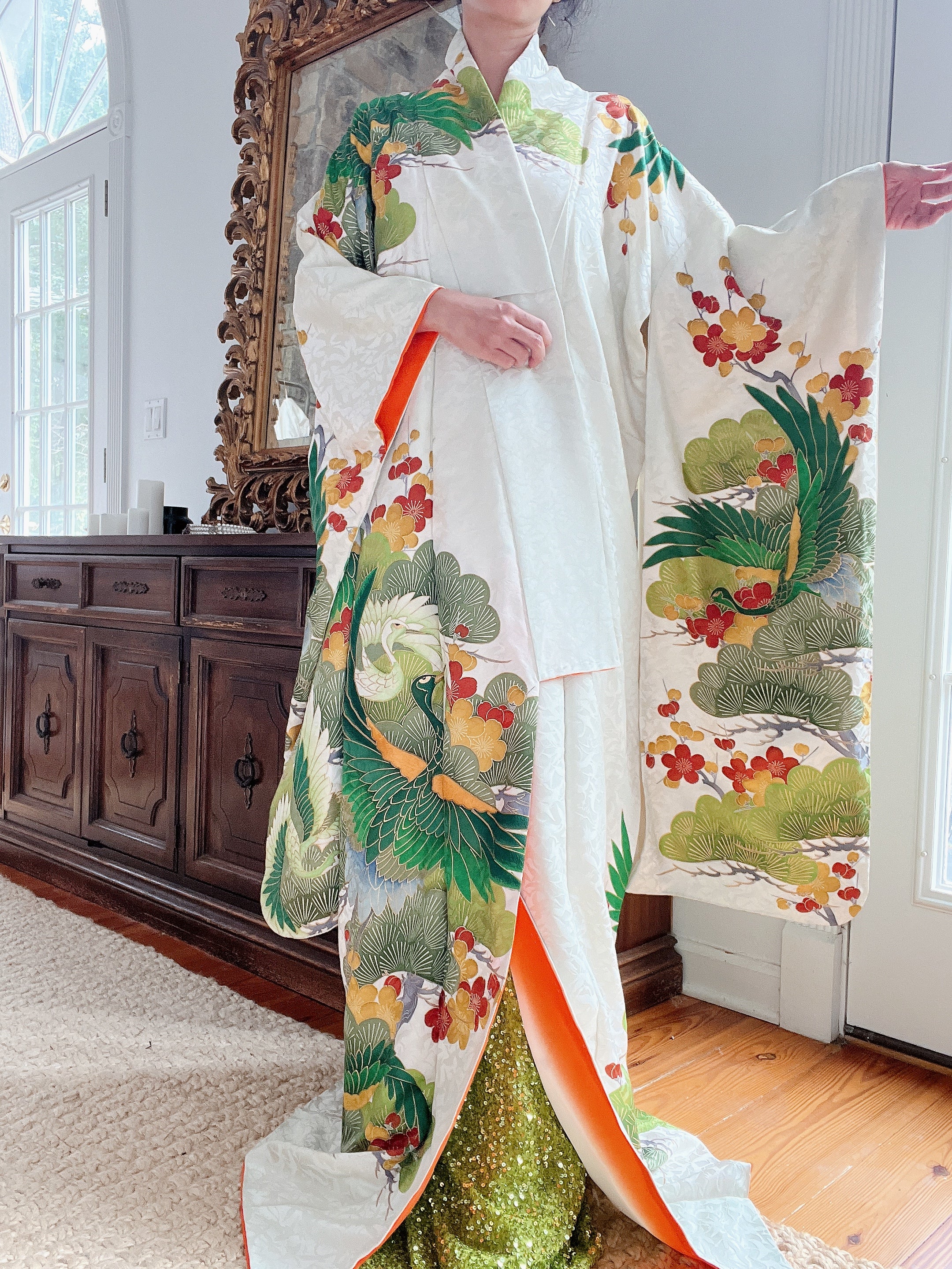 Vintage Green and Ivory Silk Kimono - OSFA