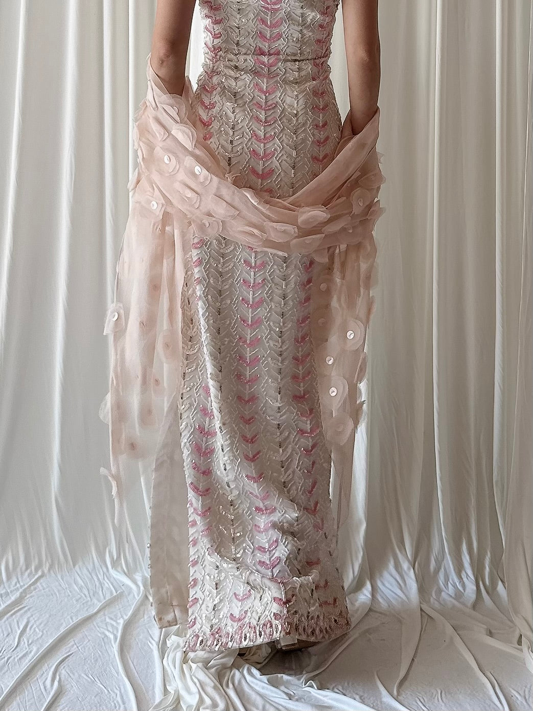 1960s Cheongsam Silk Organza Beaded Gown - M
