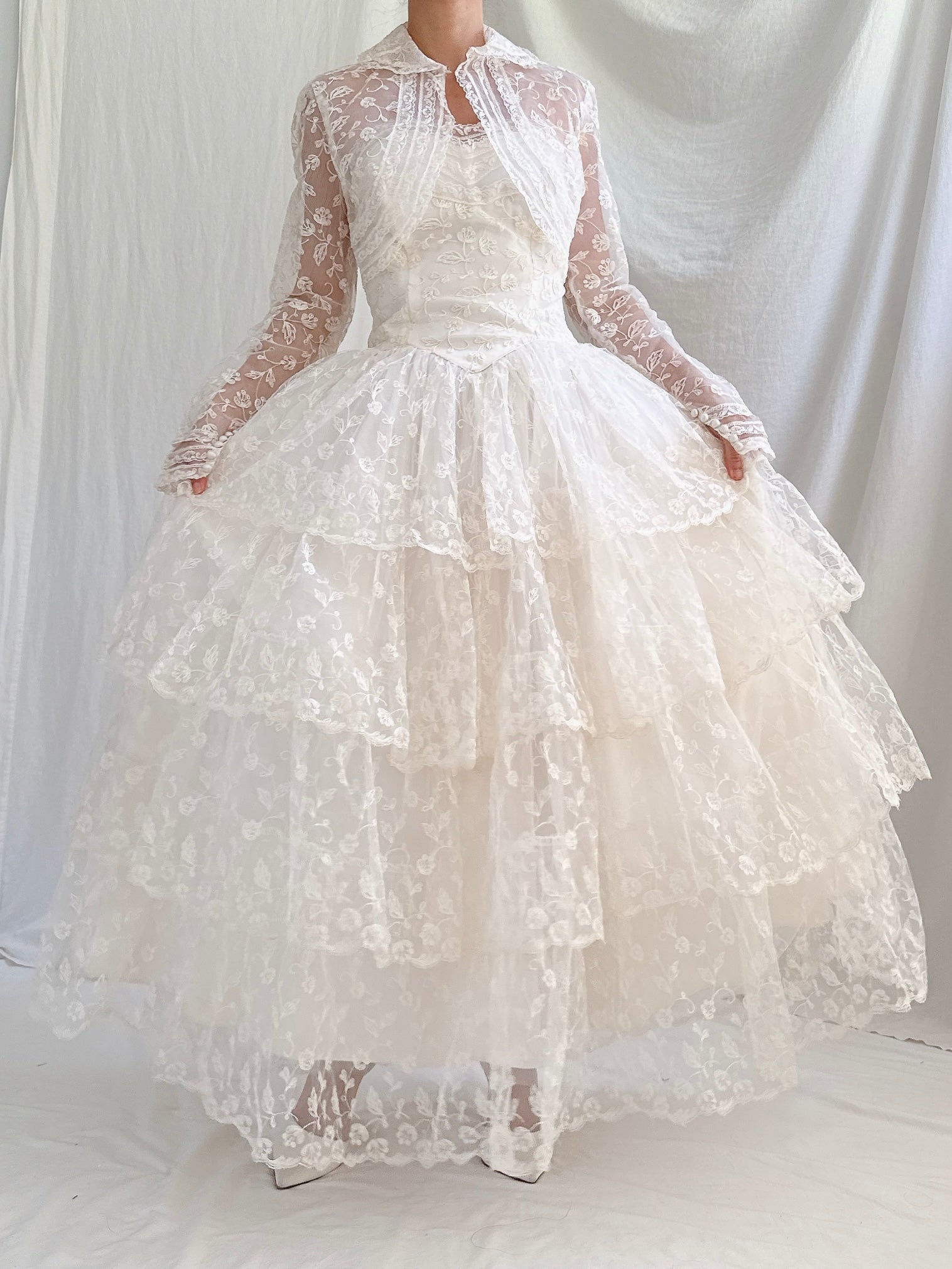 1950s Embroidered Tulle Dress -XS