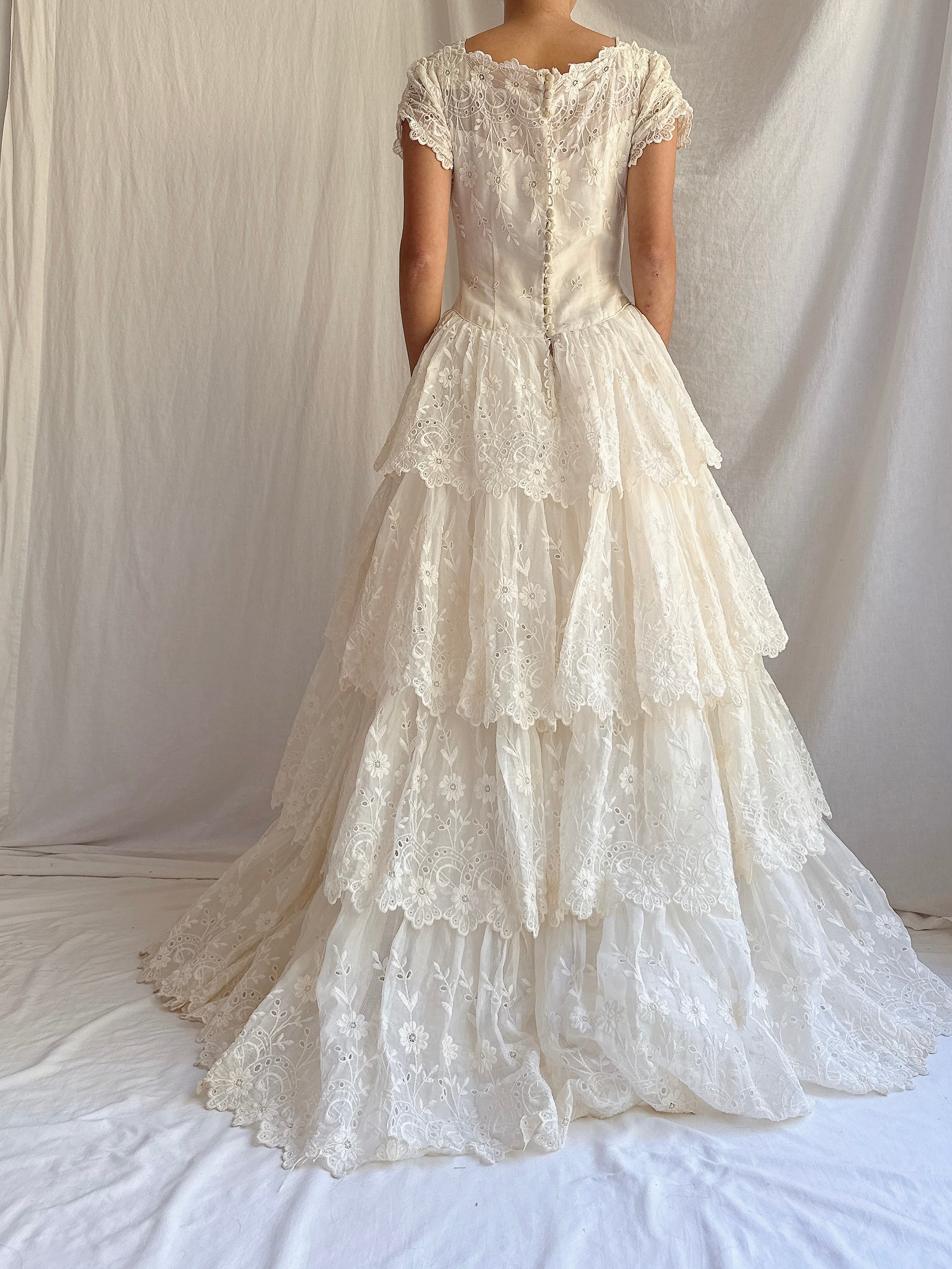 1950s Tiered Organdy Embroidered Gown - XS