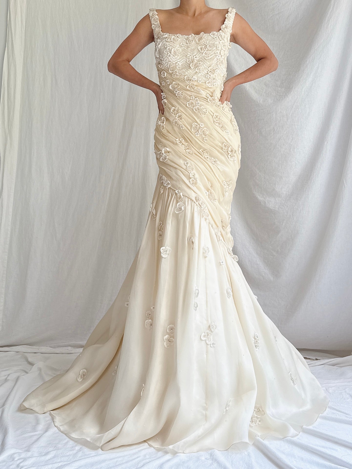 Vintage YSA Makino Silk Organza Gown with Appliqués - M