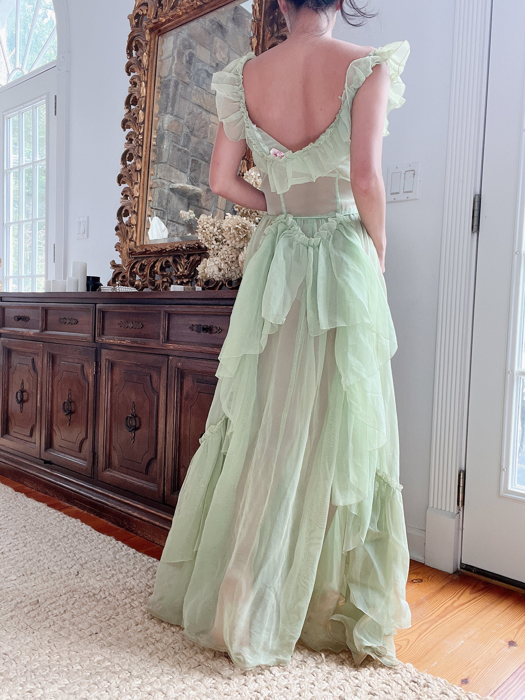 1940s Fred Perlberg Green Sheer Ruffle Dress