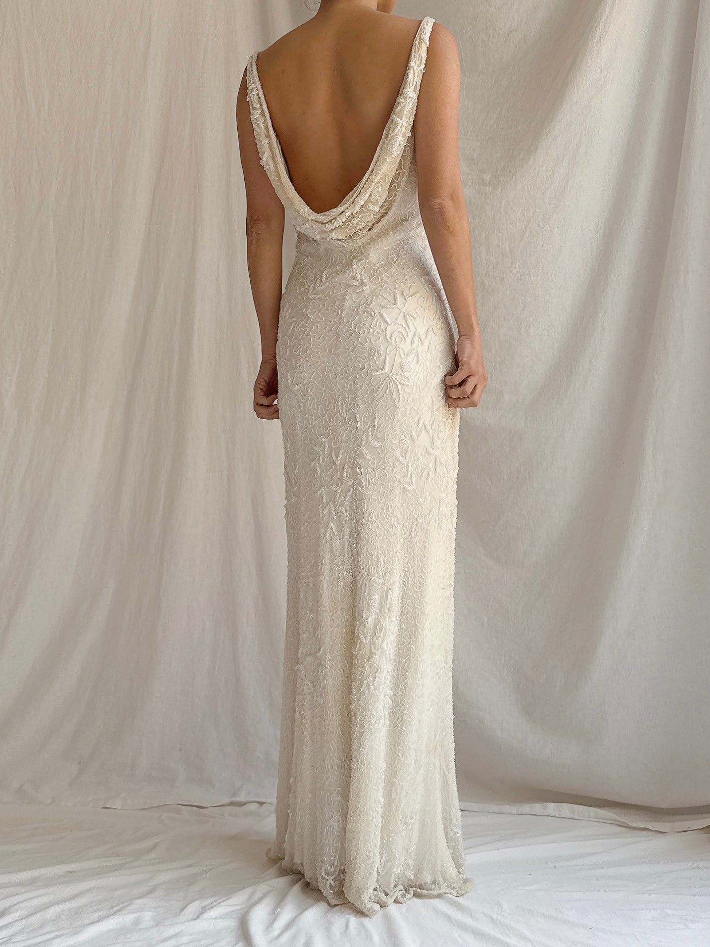 Vintage Ivory Silk Beaded Gown - S