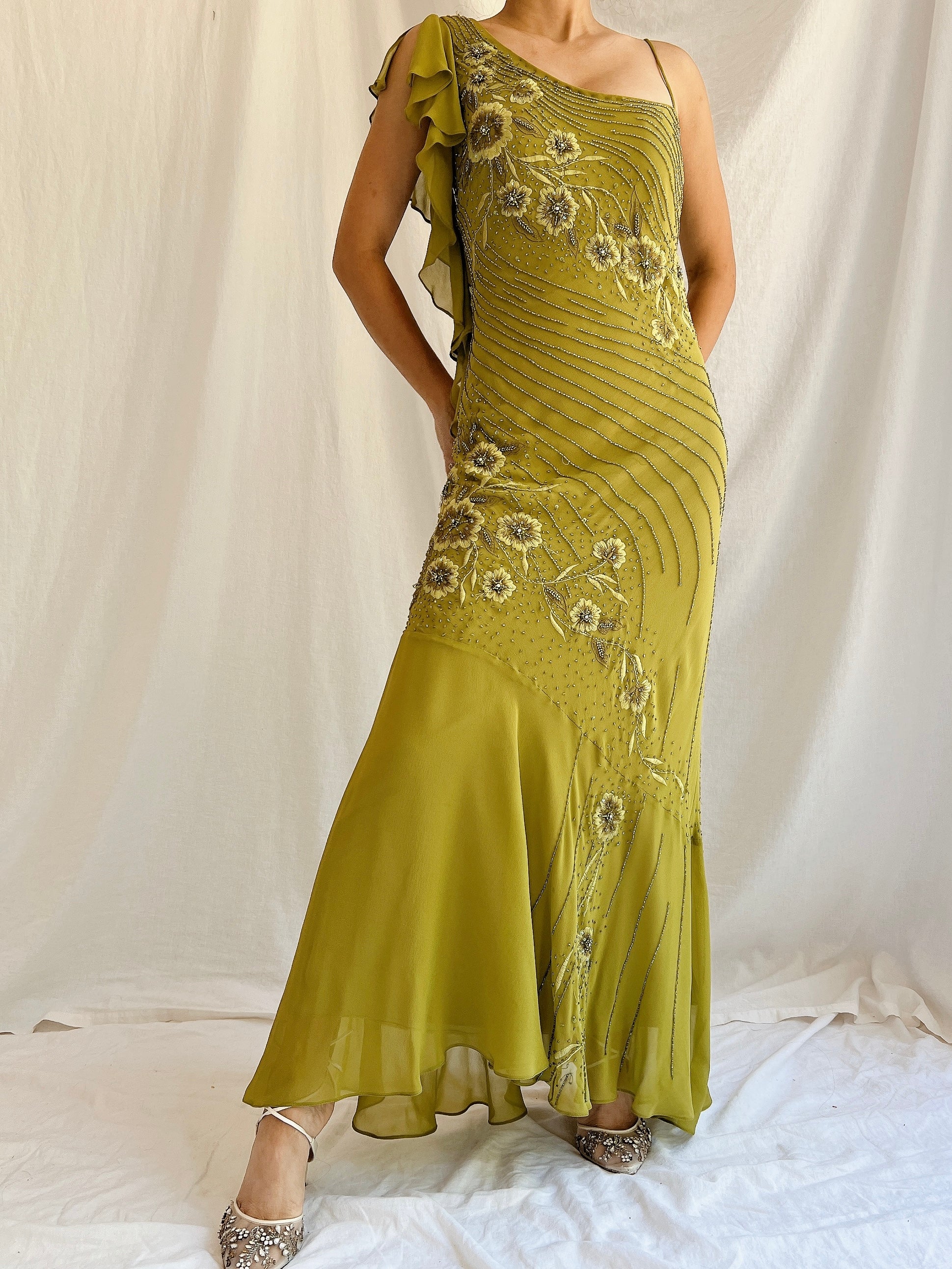 Vintage Bias Cut Moss Green Silk One Shoulder Dress - M