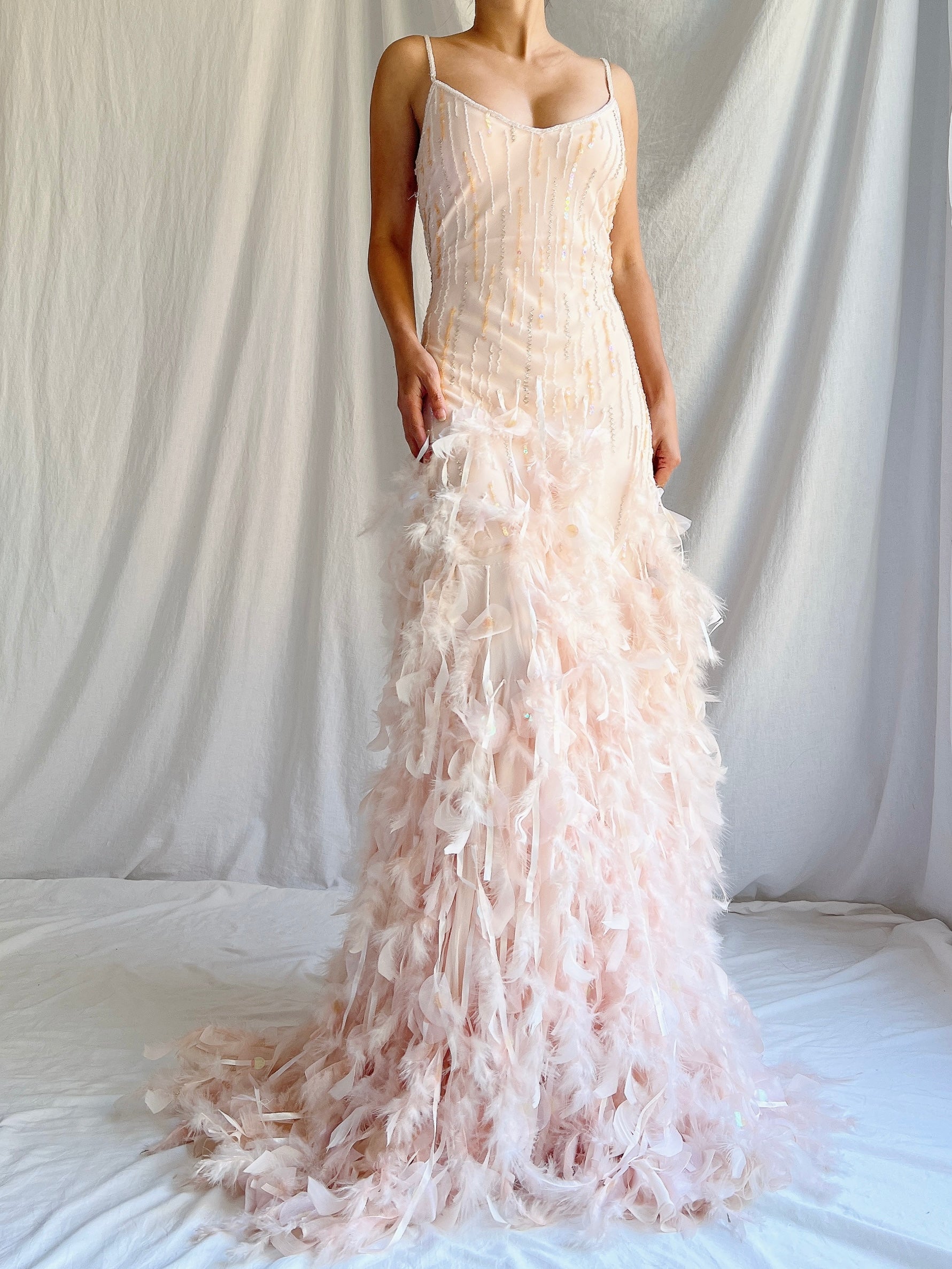 Vintage Blush Silk Feathered Gown - M