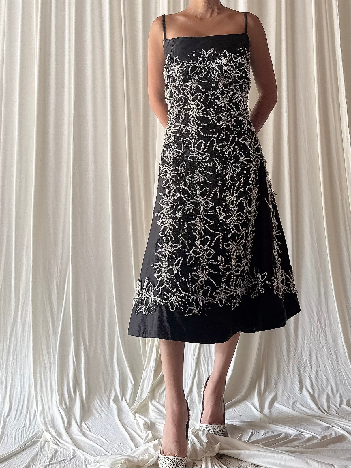 Vintage Silk Pearl Beaded Black Dress - L
