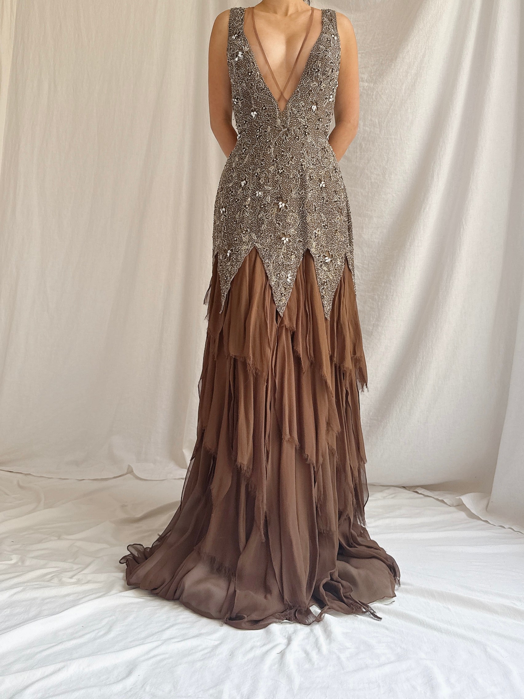 Vintage Stephen Yearrick Silk Raw Hem Beaded Gown - M/6