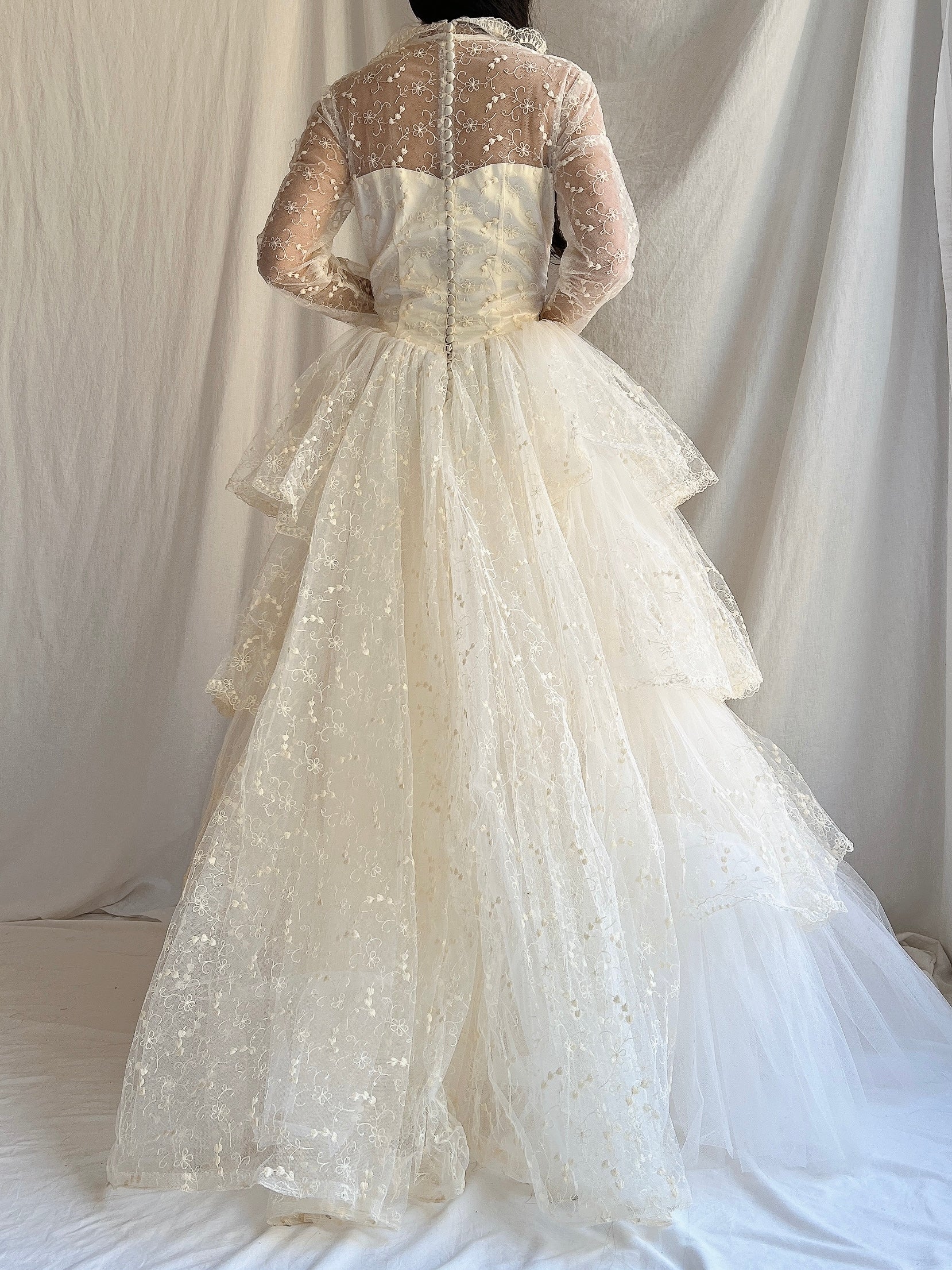 1950s Embroidered Tiered Tulle Gown - XS/S