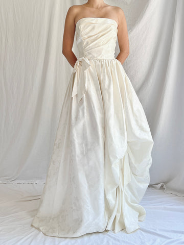 Vintage Brocade Satin Strapless Gown - S/M