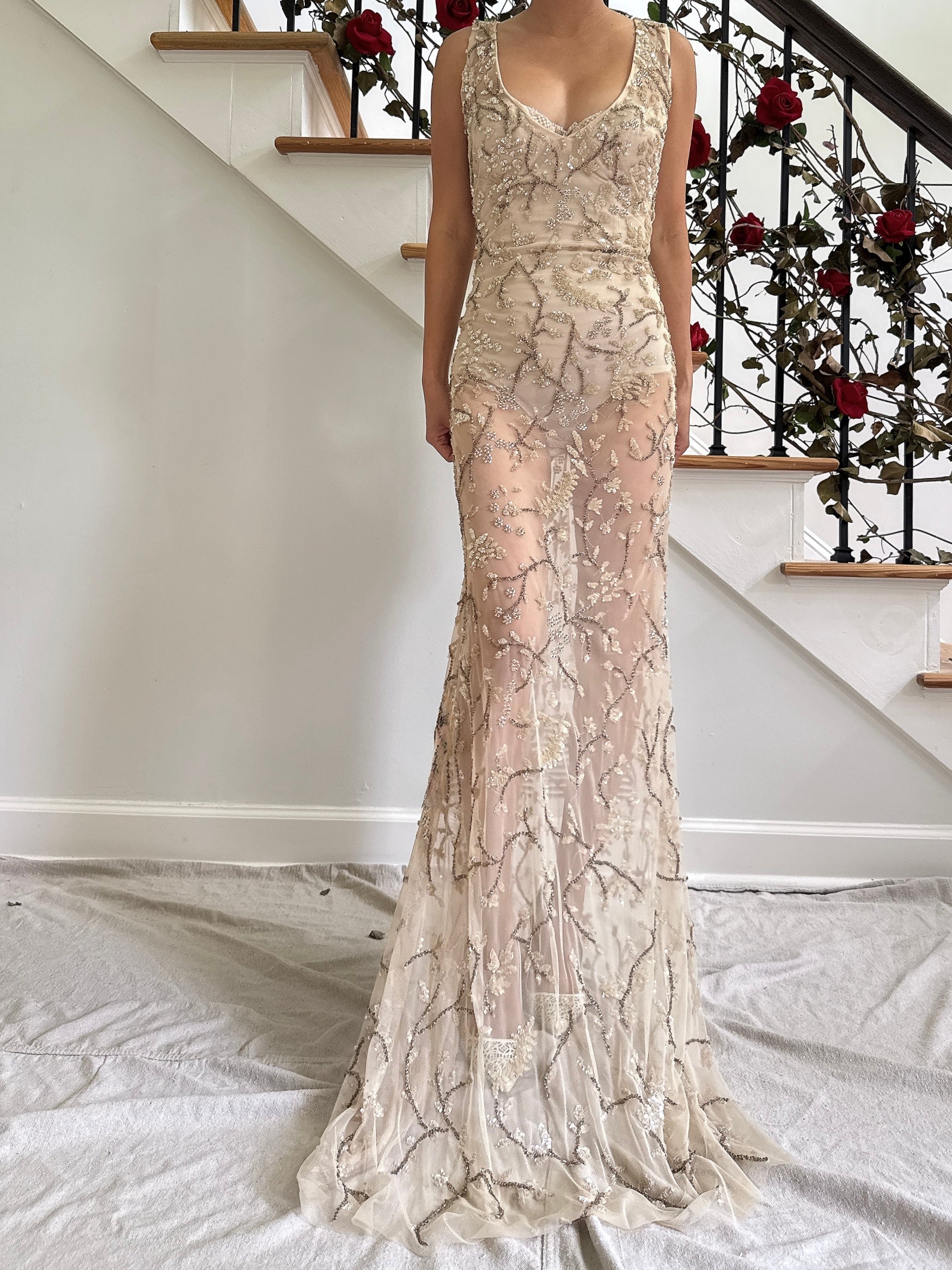 Vintage Nude Sheer Beaded Dress - L