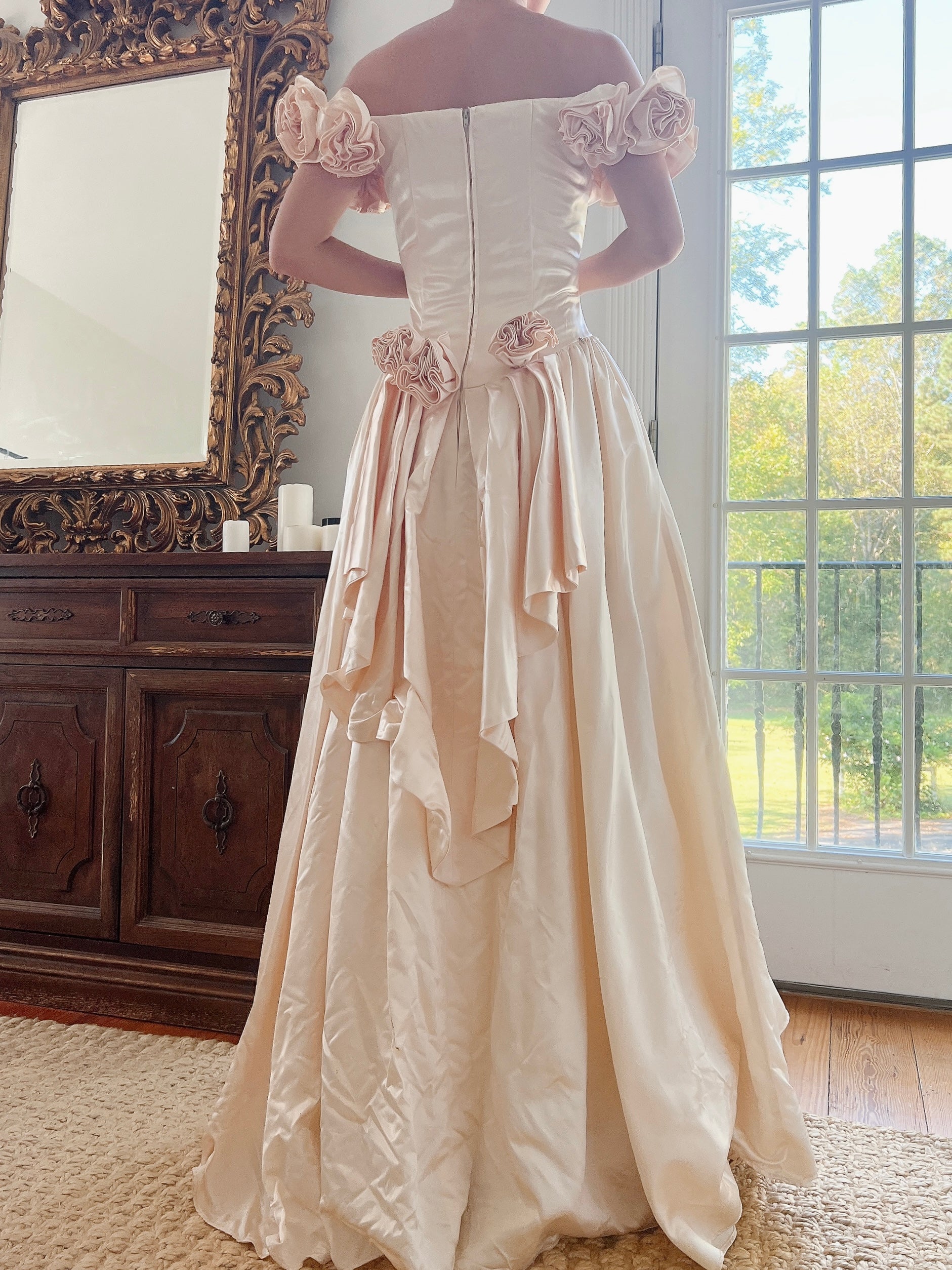 1980s Blush Satin Gown with Rosettes - S