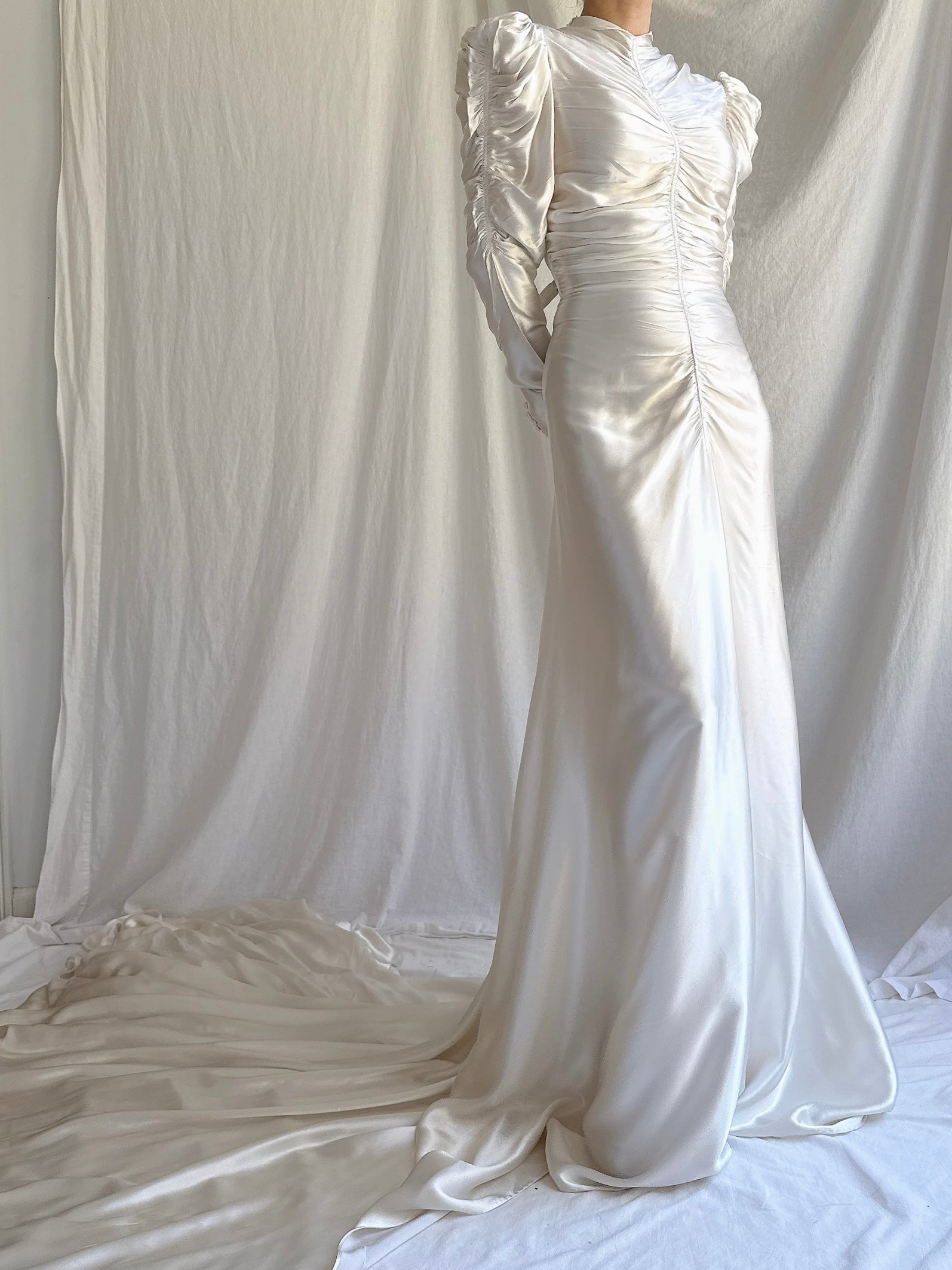 1930s Ruche Long Sleeve Satin Gown - S